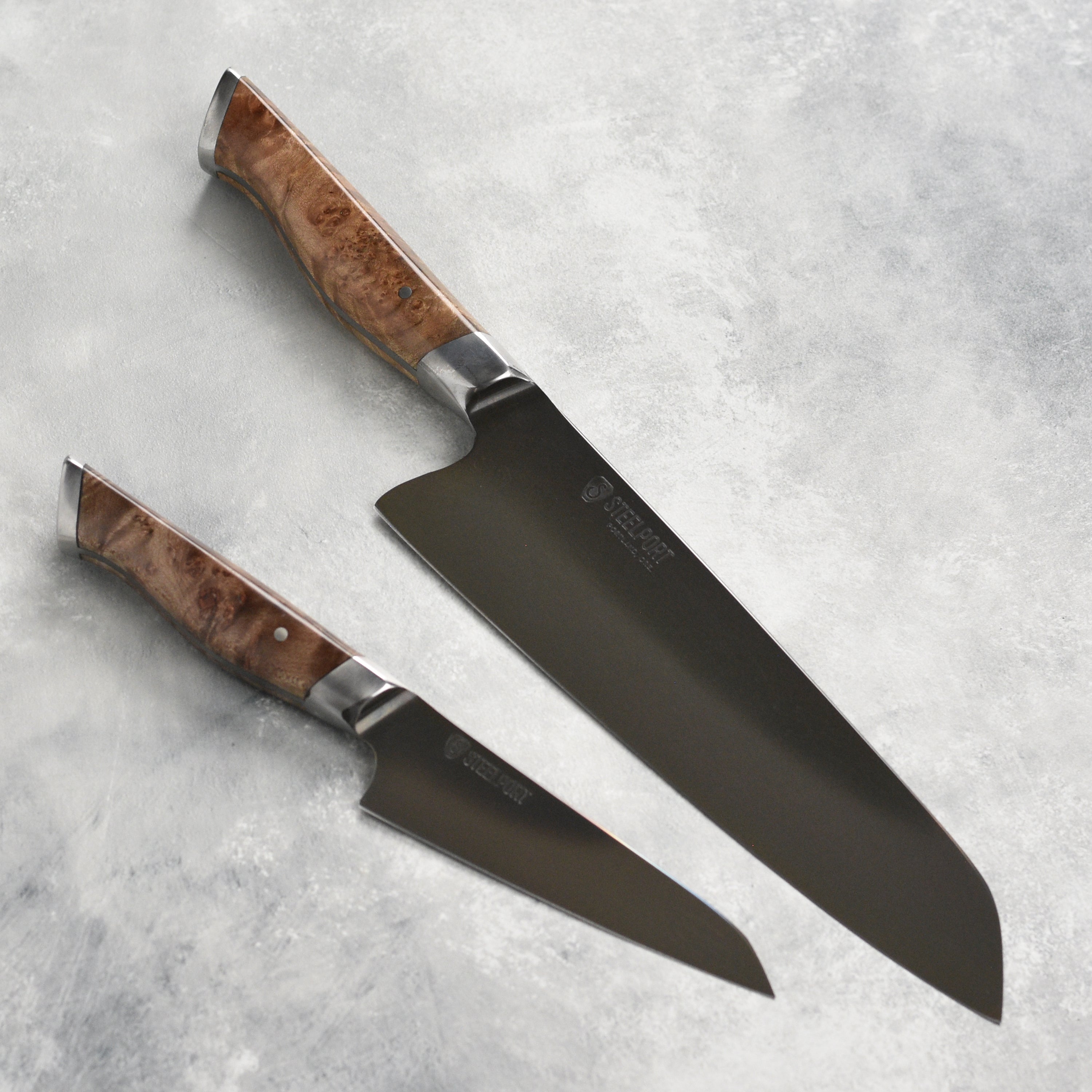 Close-up of the sharp blade of a carbon steel chef knife for precision slicing
