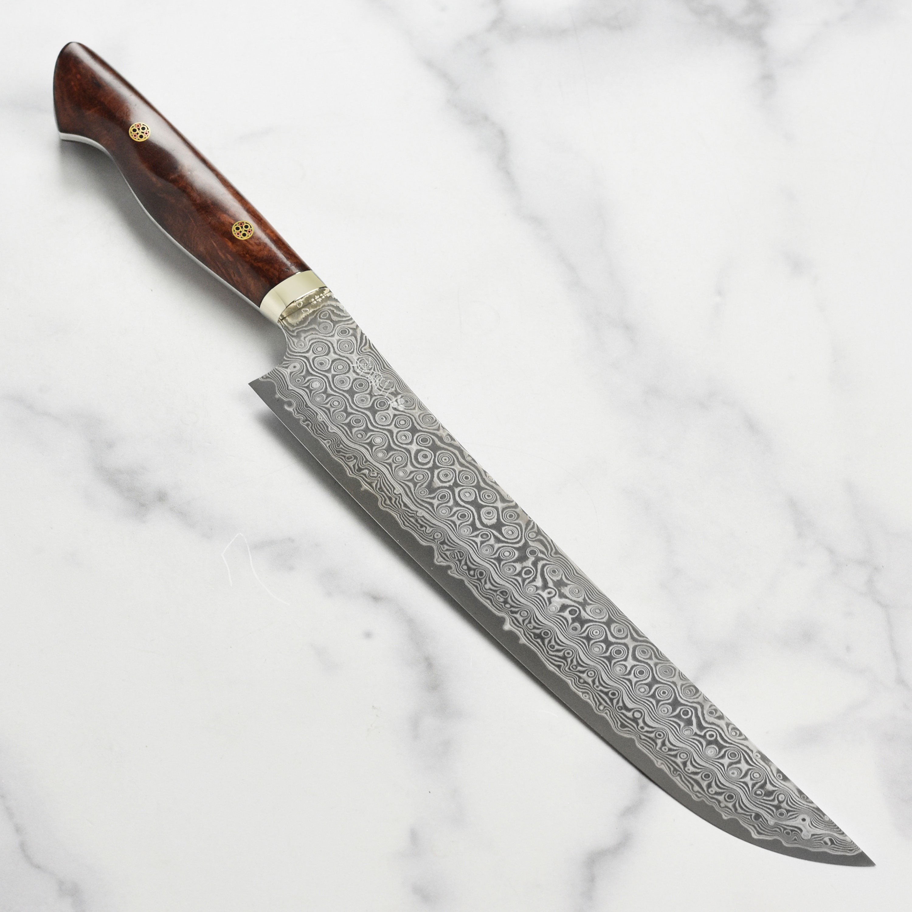Premium Sakimaru Sujihiki Knife with Quince Wood Handle - angled view