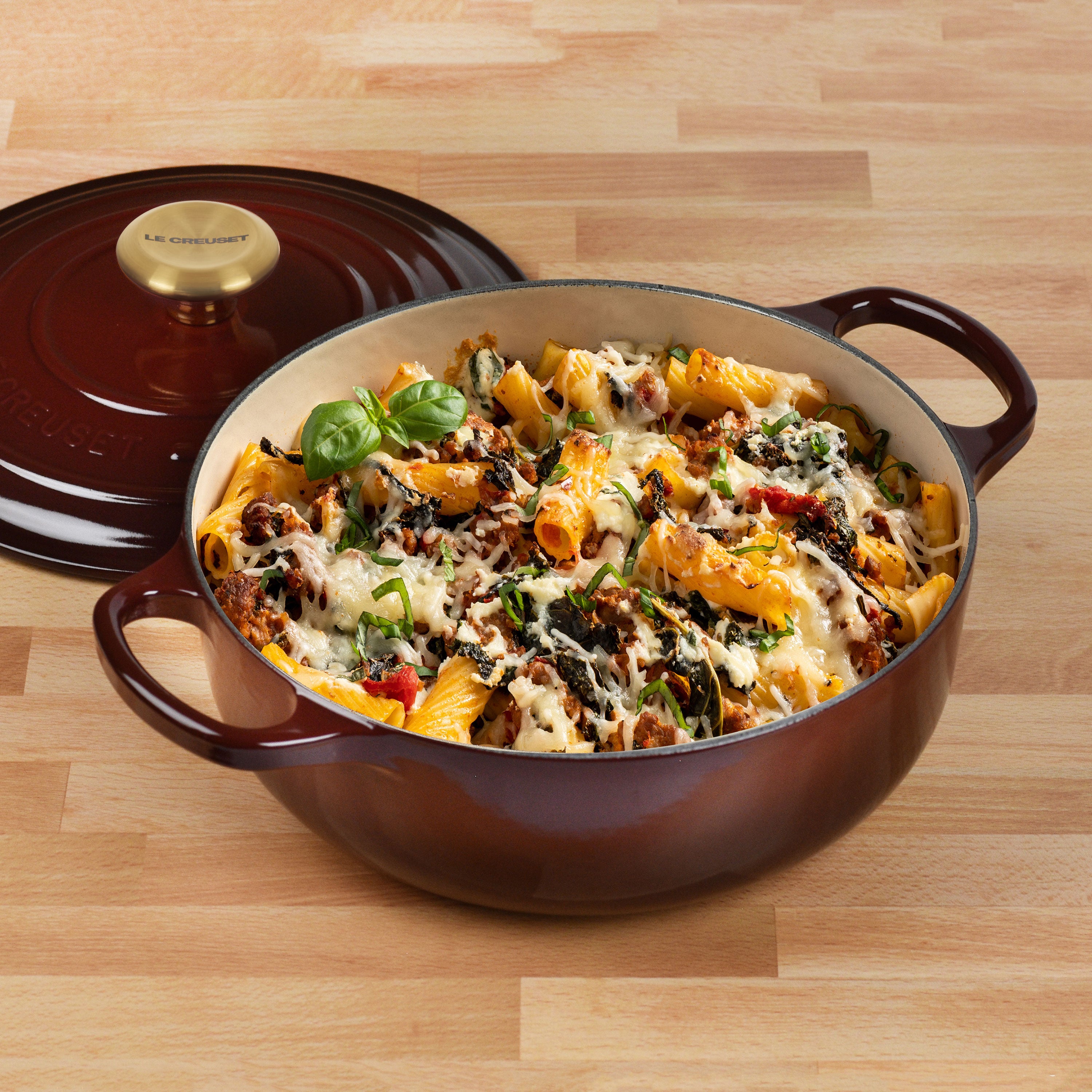 Side view of the premium enameled Dutch oven showcasing its sturdy handles and vibrant color