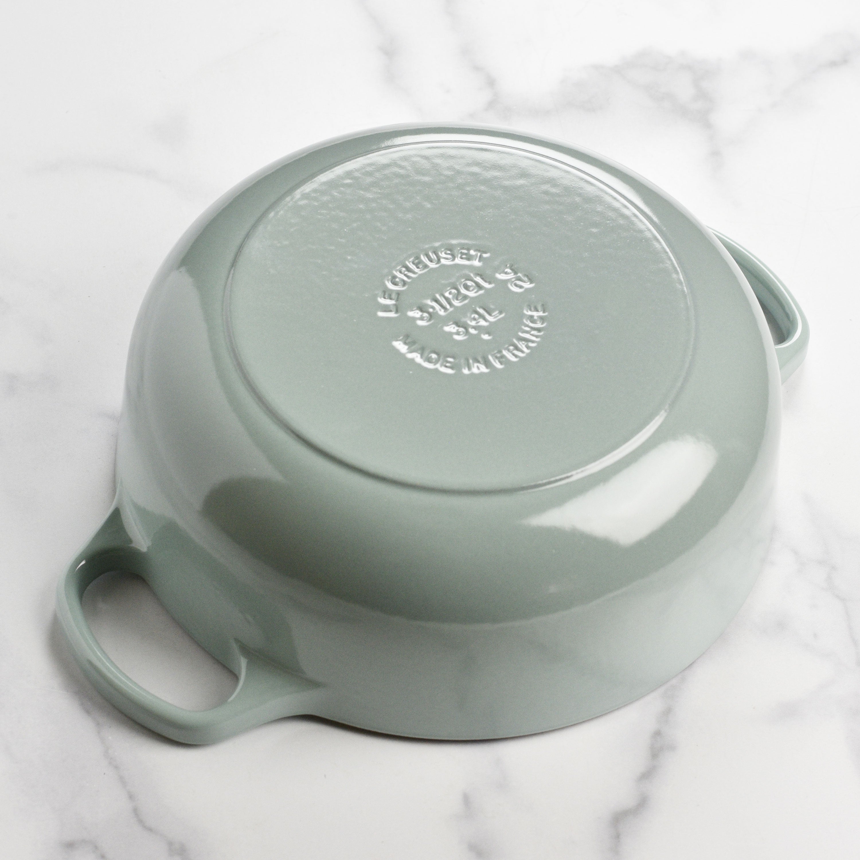 Close-up of the durable enamel finish on the Le Creuset cast iron cookware