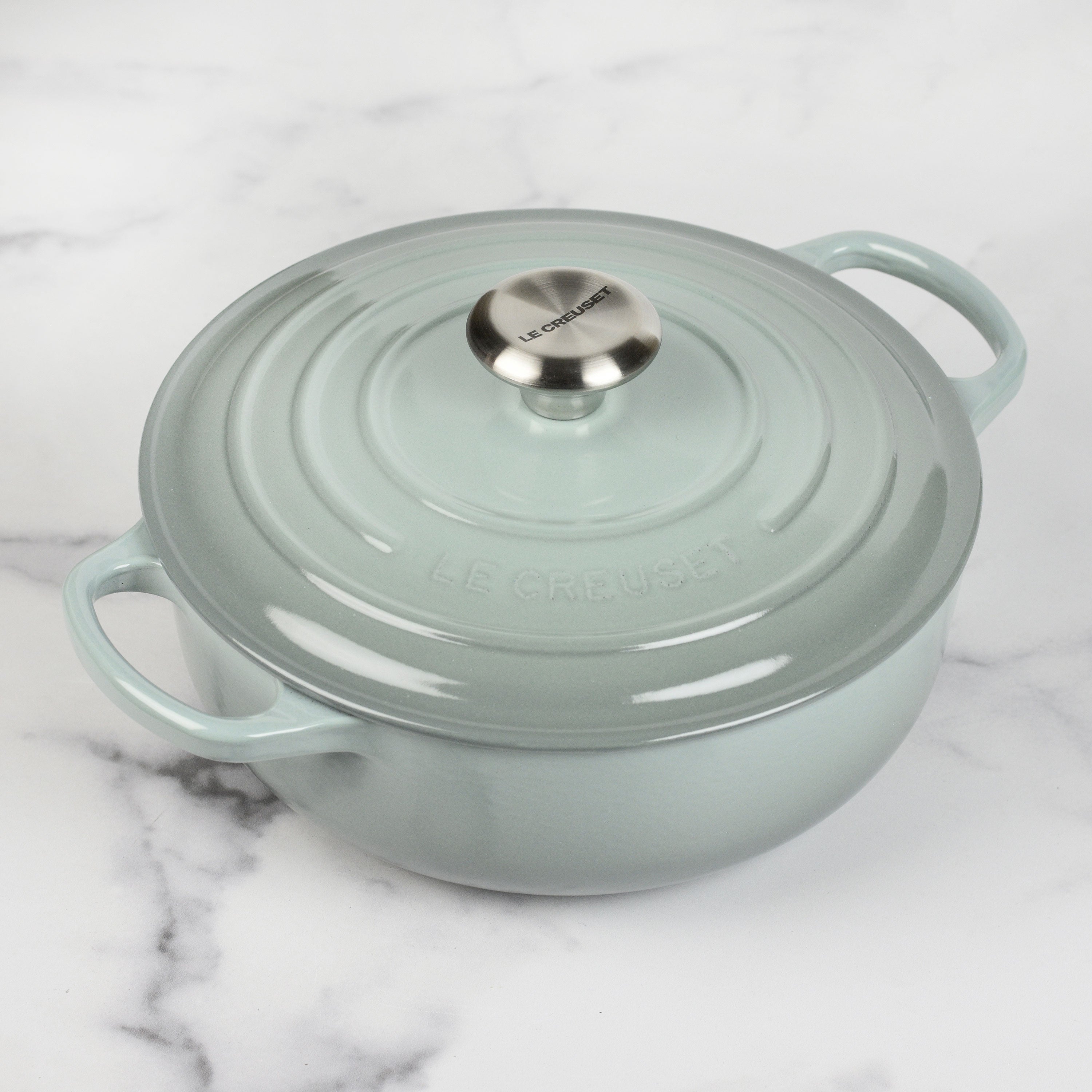 Le Creuset 3.5-quart Dutch oven with ergonomic handles from an angle