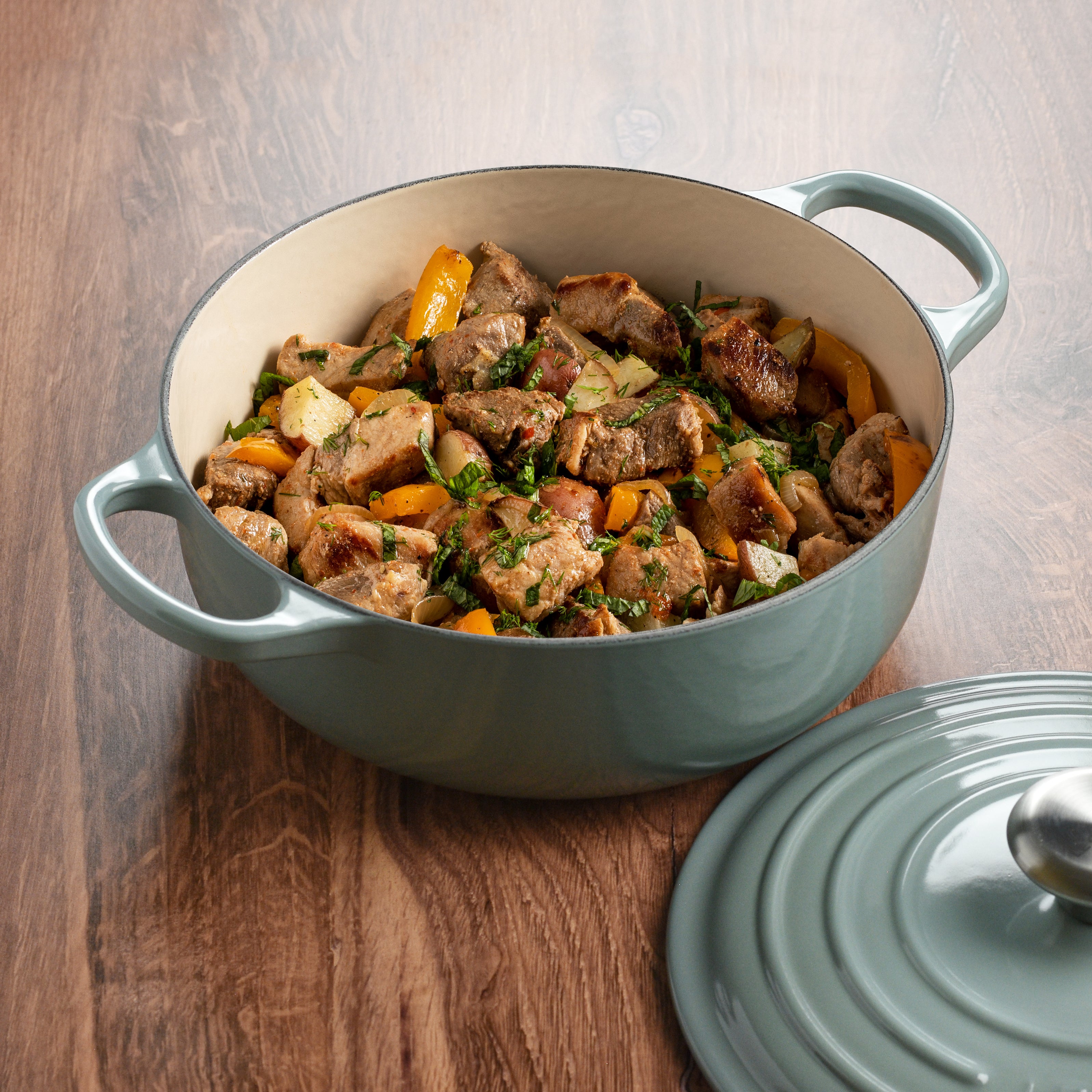 Close-up of the durable enamel finish on the Le Creuset cast iron cookware