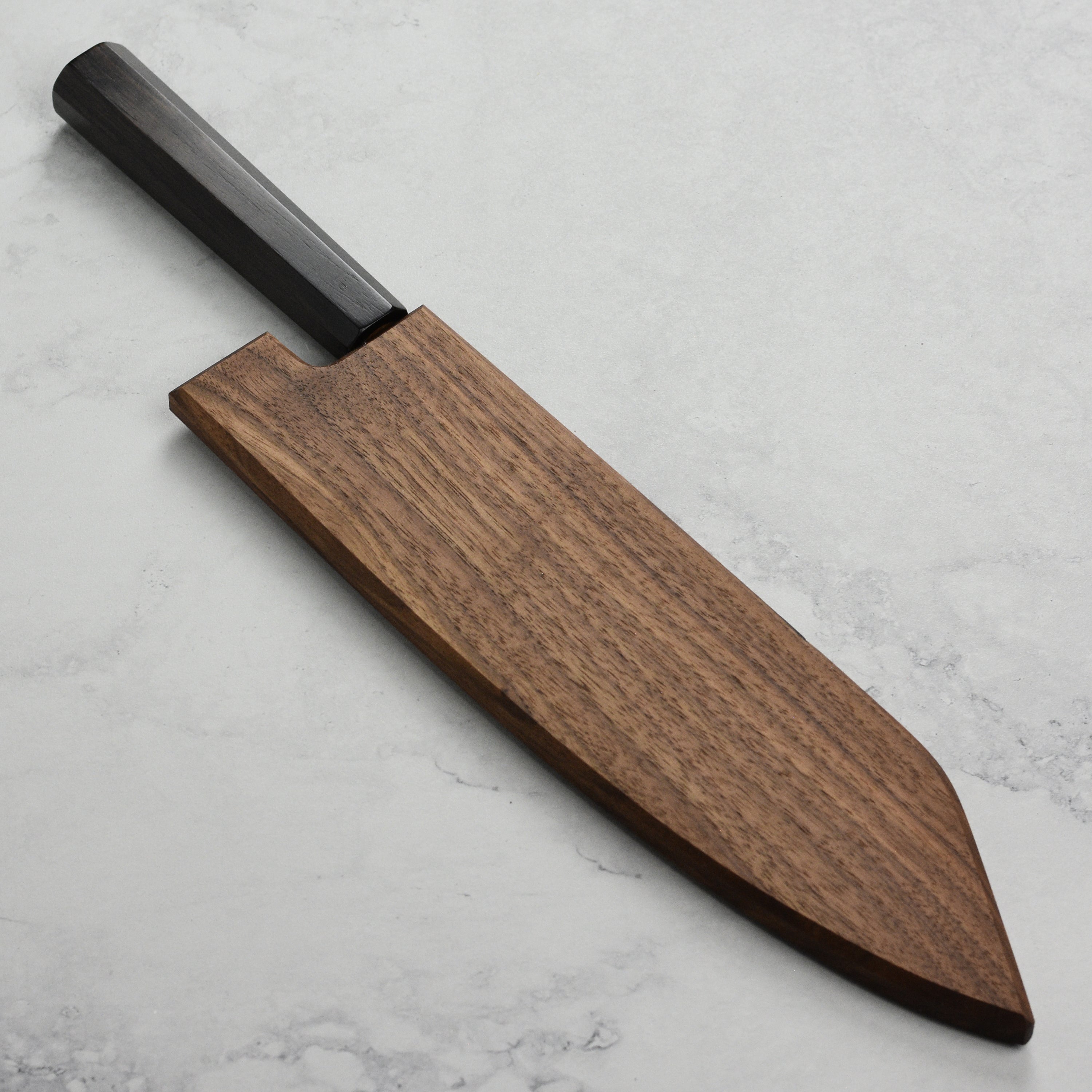Side view of the walnut saya displaying the sleek design and smooth finish, perfect for kitchen organization.