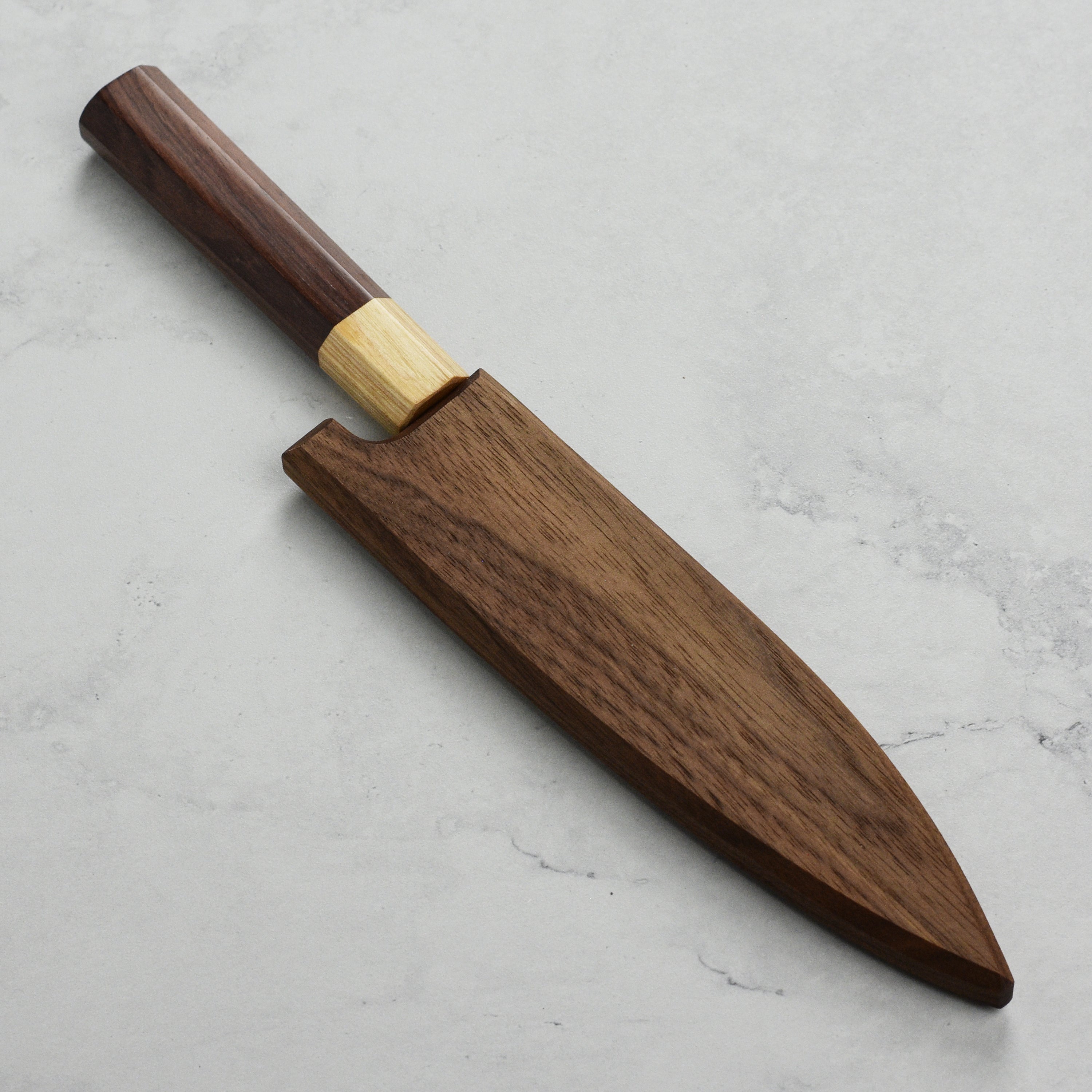 Top view of high-quality walnut knife saya designed for 5.9-inch petty knives