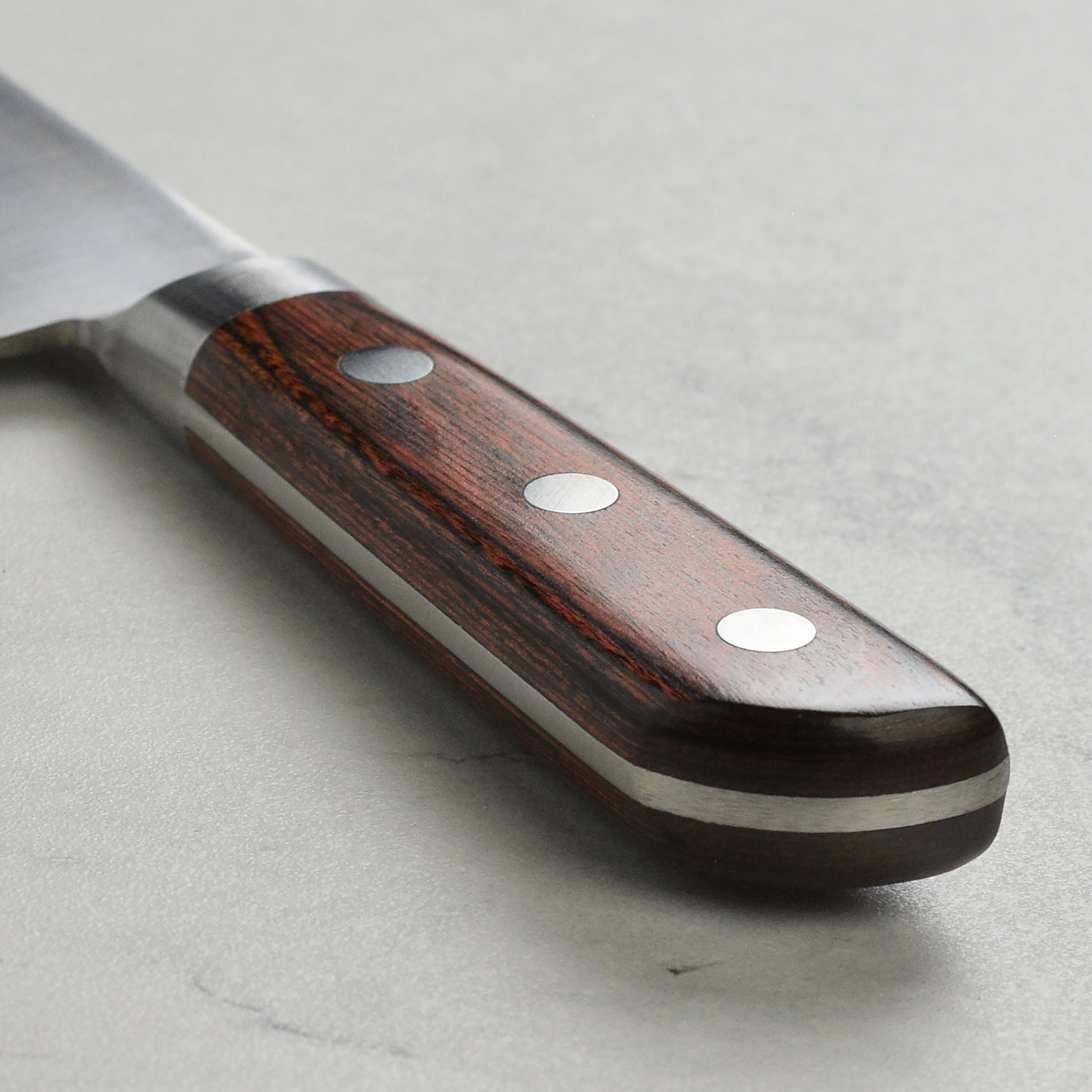 Close-up of the Takayuki Aogami Honesuki knife demonstrating its precision cutting edge.