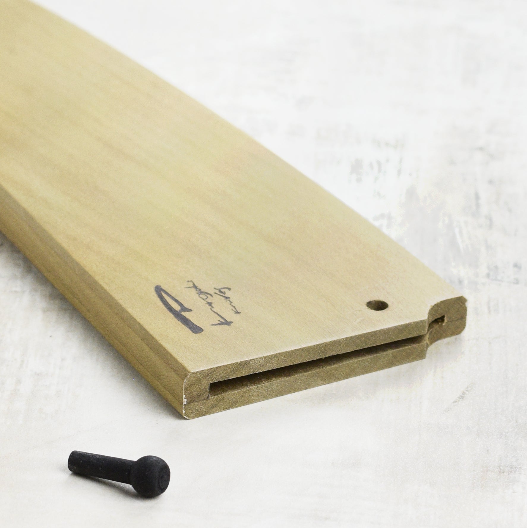 Kurosaki Bunka knife in a Japanese knife Saya, top view