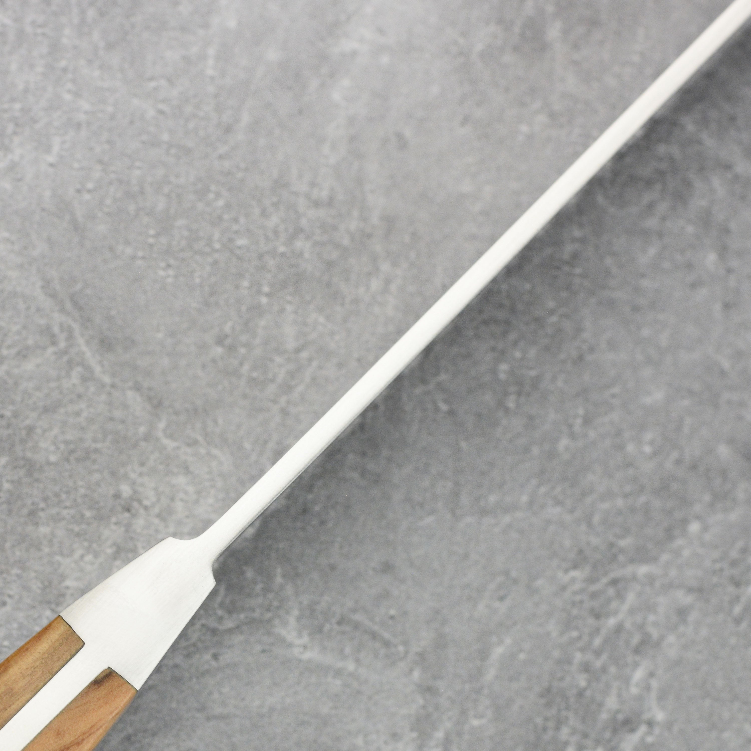 Elegant handcrafted bread knife with full bolster and full-tang olive wood handle