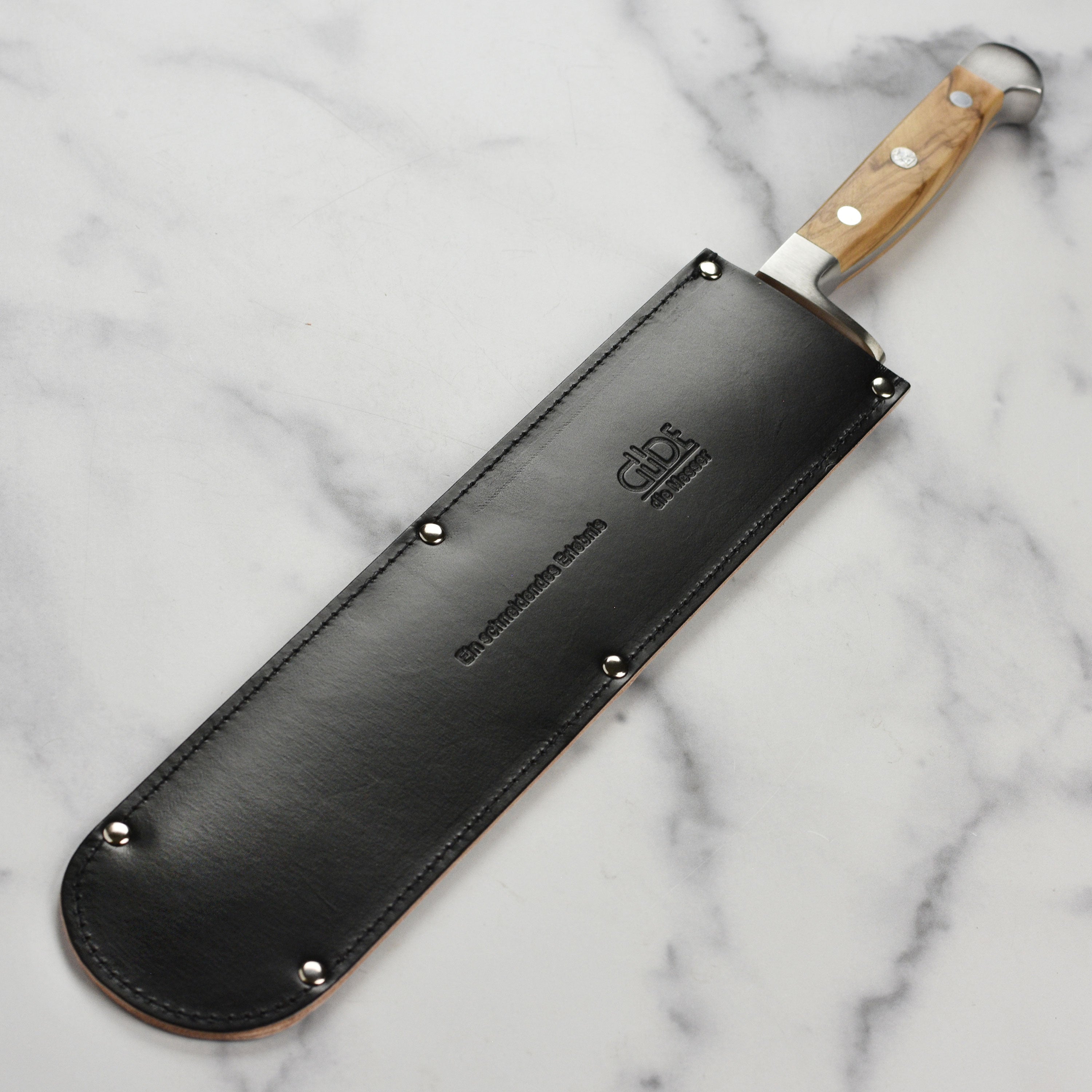 Leather sheath protecting a 12.6" bread knife from damage