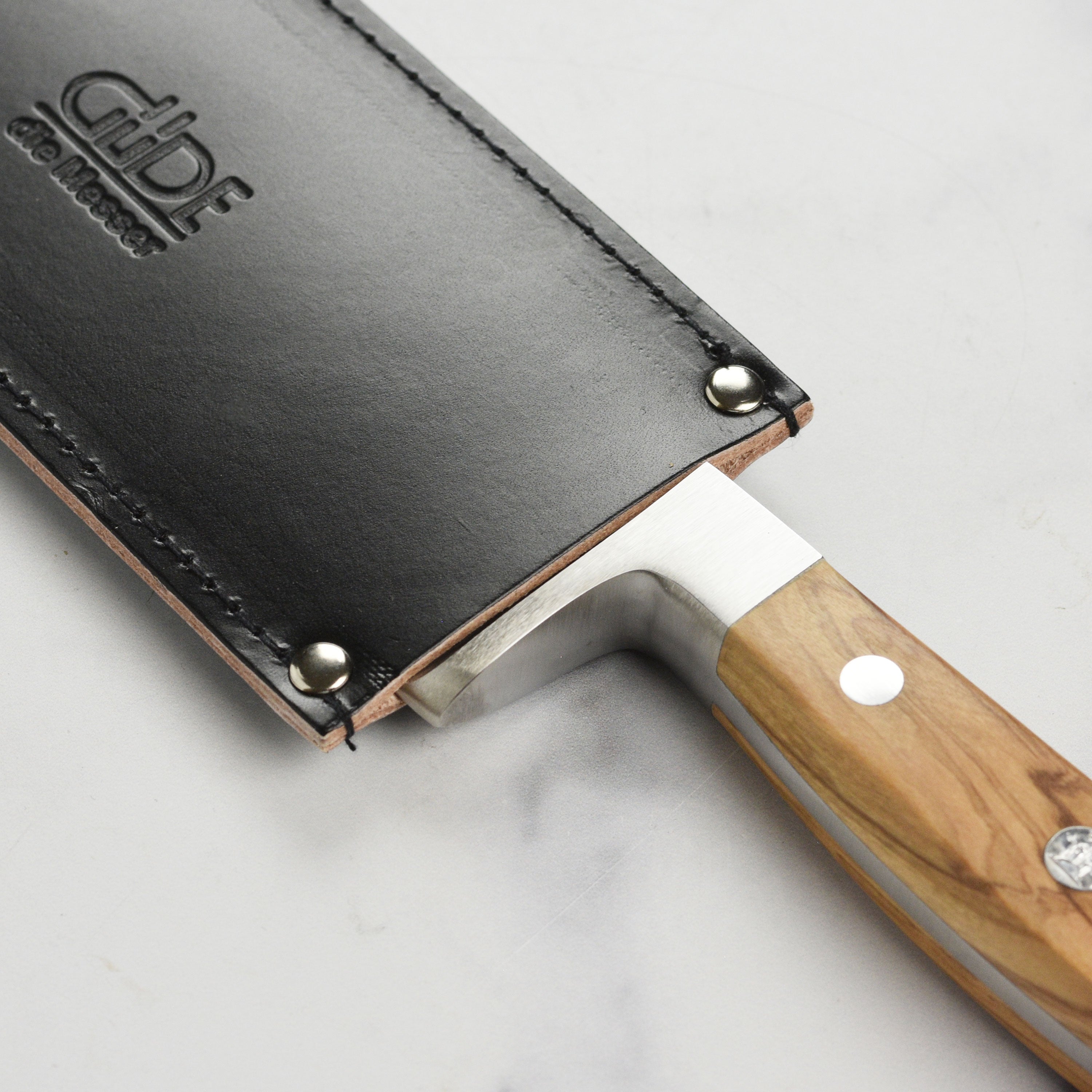 Close-up of the high-quality tanned cowhide used in the knife sheath