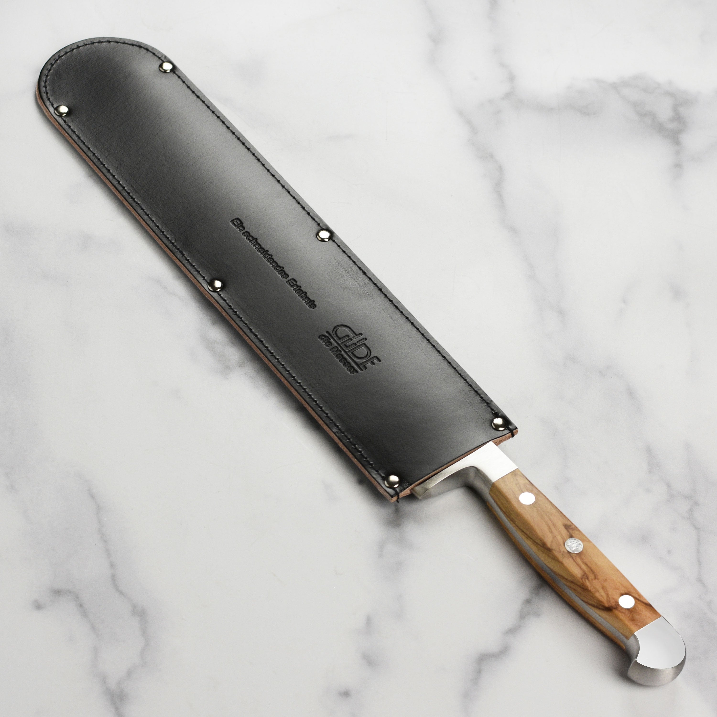 Close-up of the high-quality tanned cowhide used in the knife sheath
