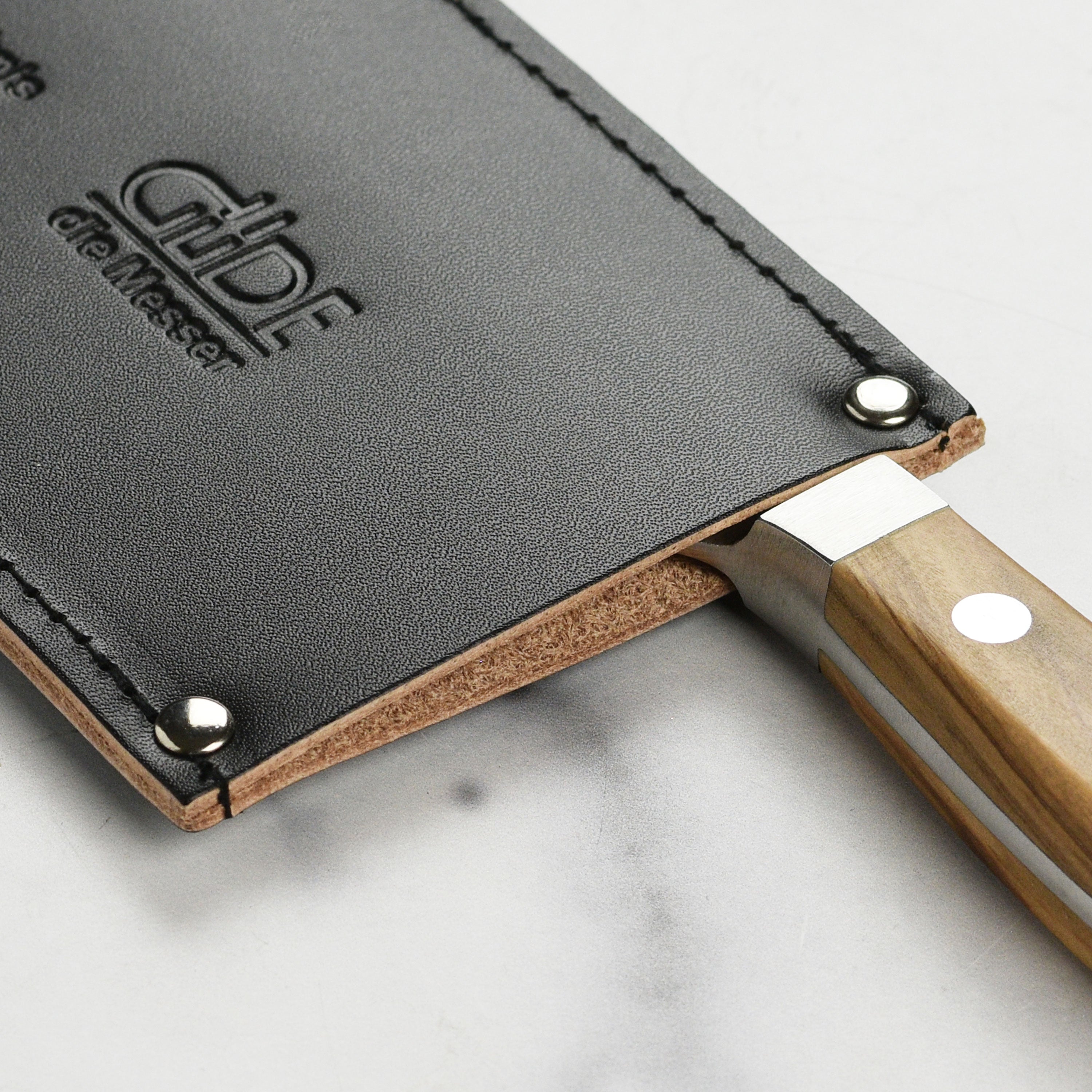 Gude knives sheath protective cover in a kitchen setting, emphasizing its utility and style.