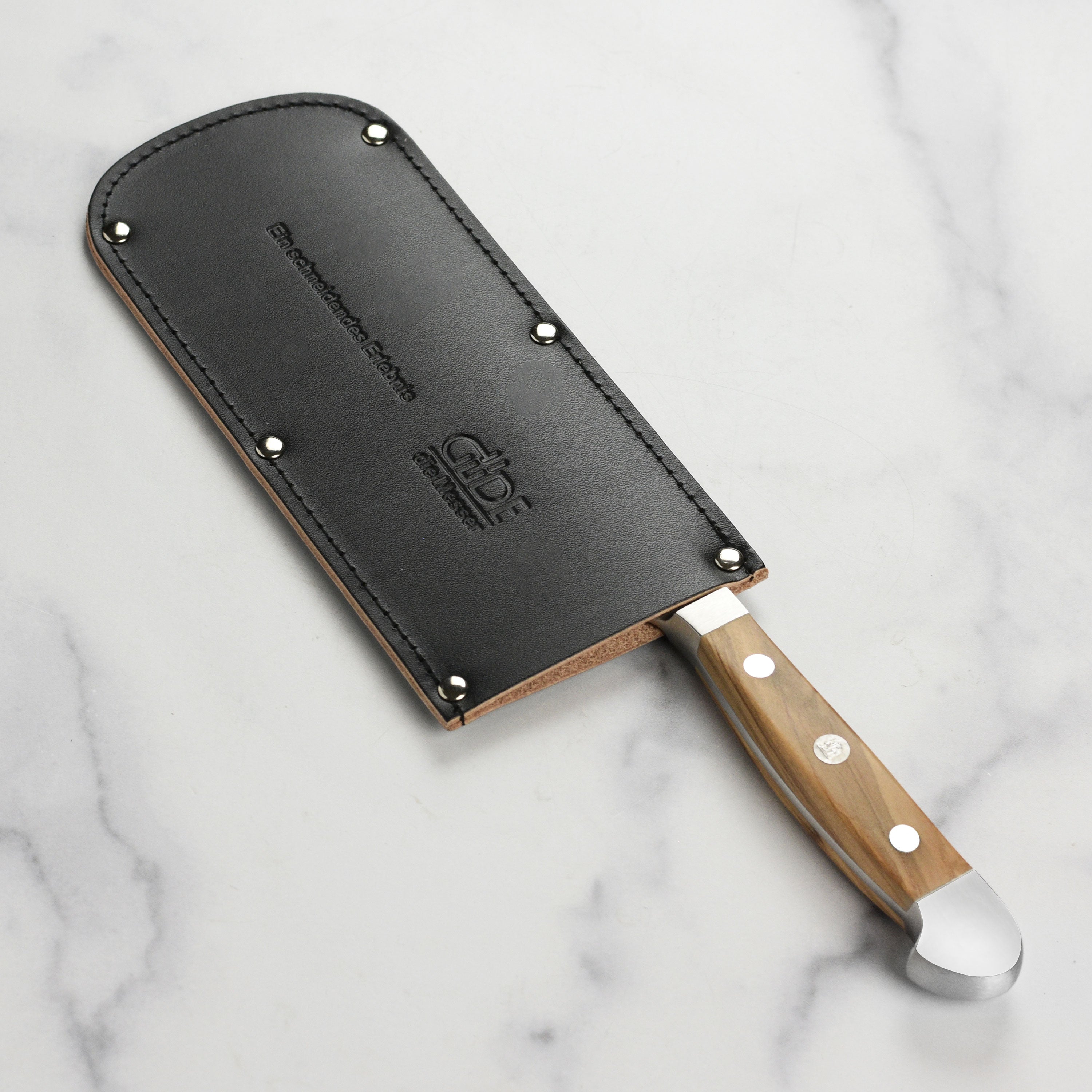 Gude knives sheath protective cover in a kitchen setting, emphasizing its utility and style.