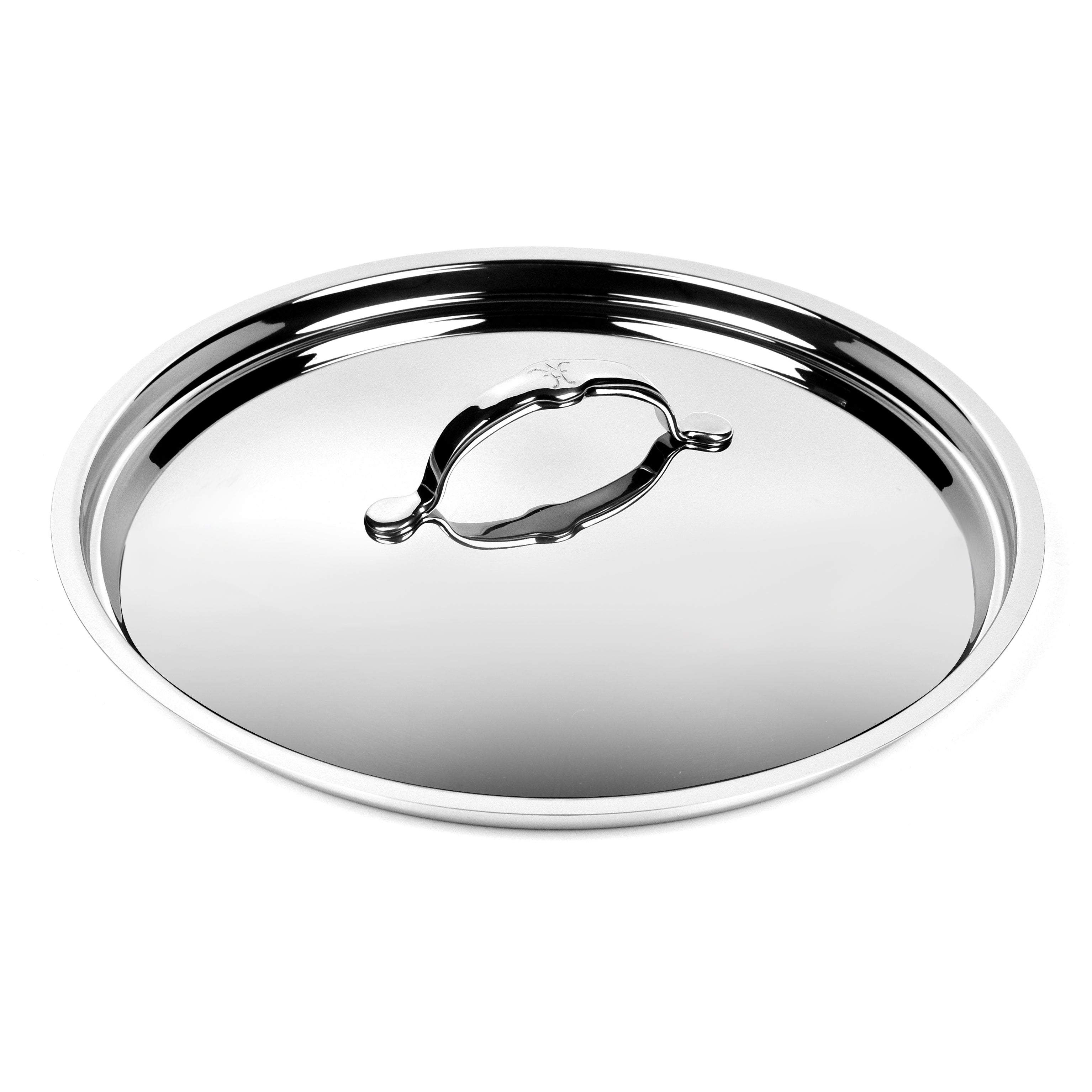 Hestan stainless steel skillet lid resting on a 12.5-inch skillet, showcasing its snug fit and premium design.