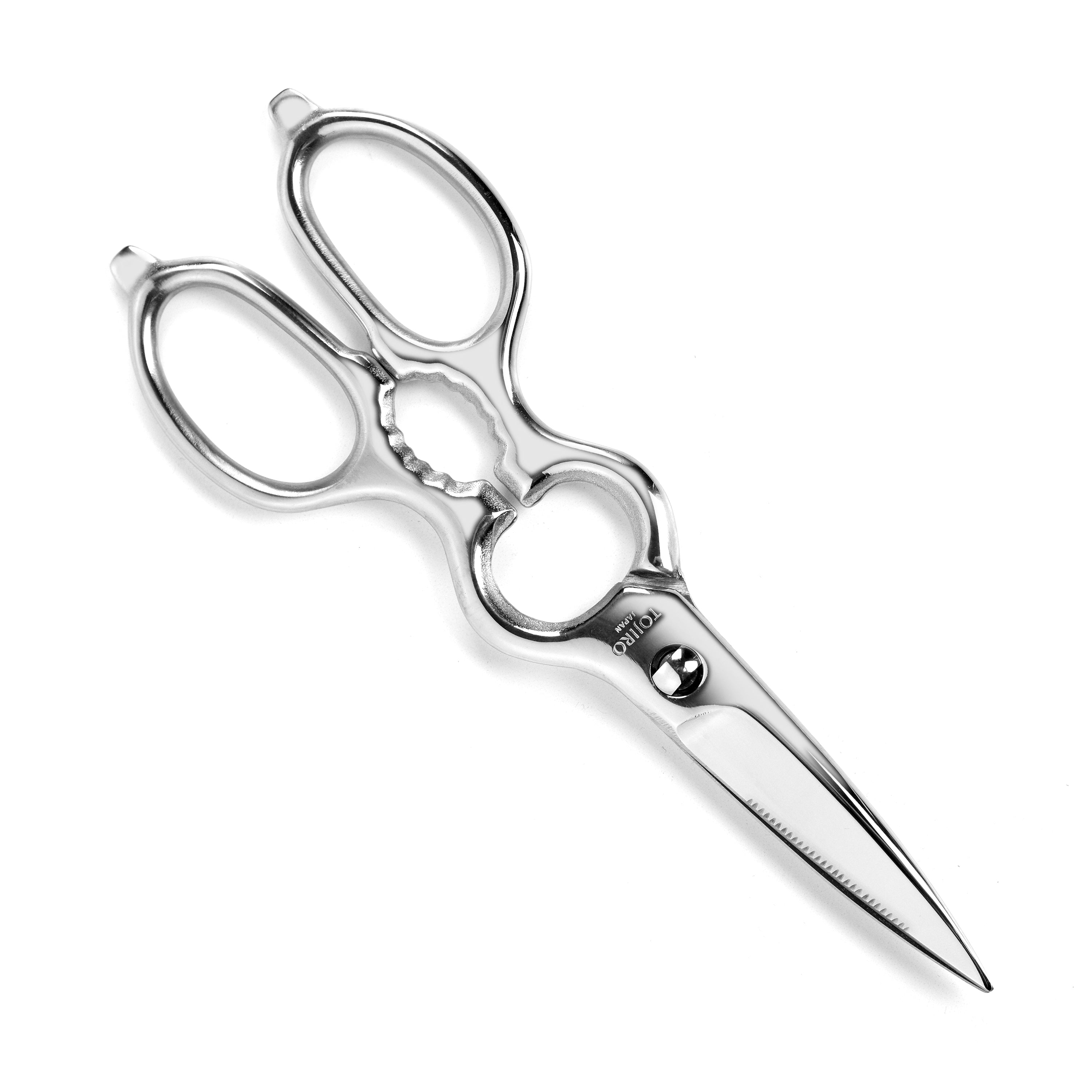 Versatile stainless steel kitchen shears cutting through chicken skin.