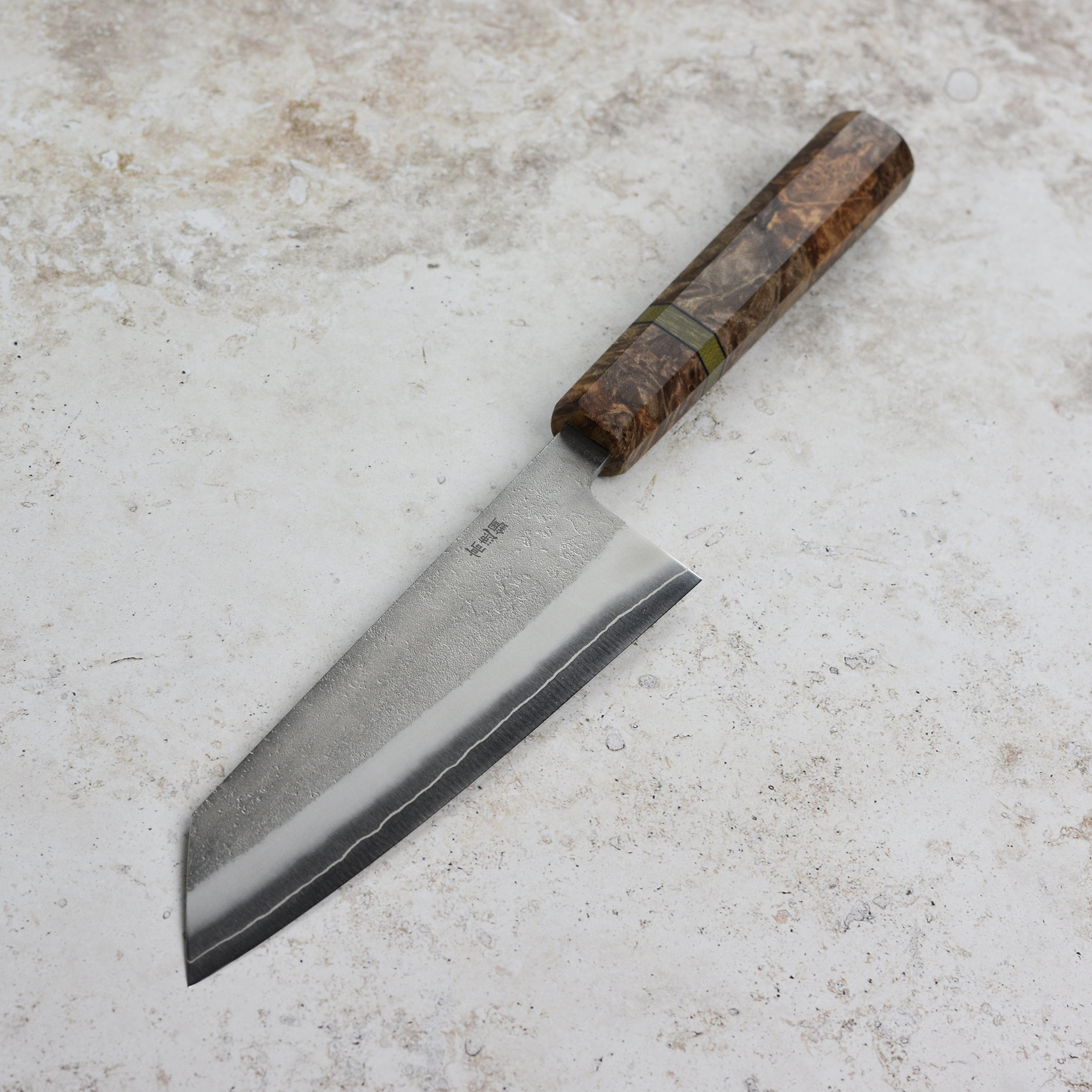 Yoshikane Nashiji stainless clad 6.5 inch Bunka knife with custom handle for precision cutting