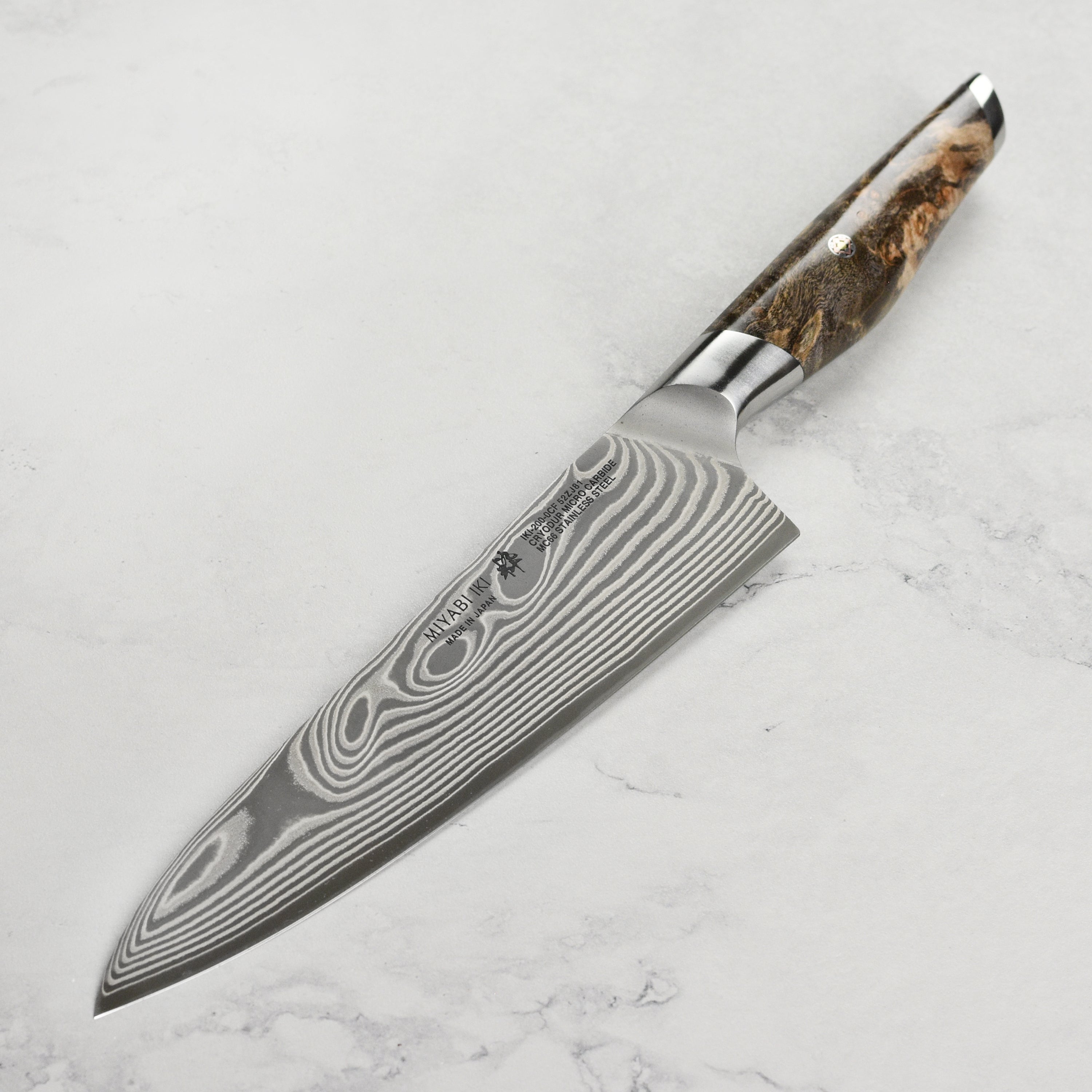 Handcrafted Maple Burl handle on Miyabi Iki anniversary chefs knife
