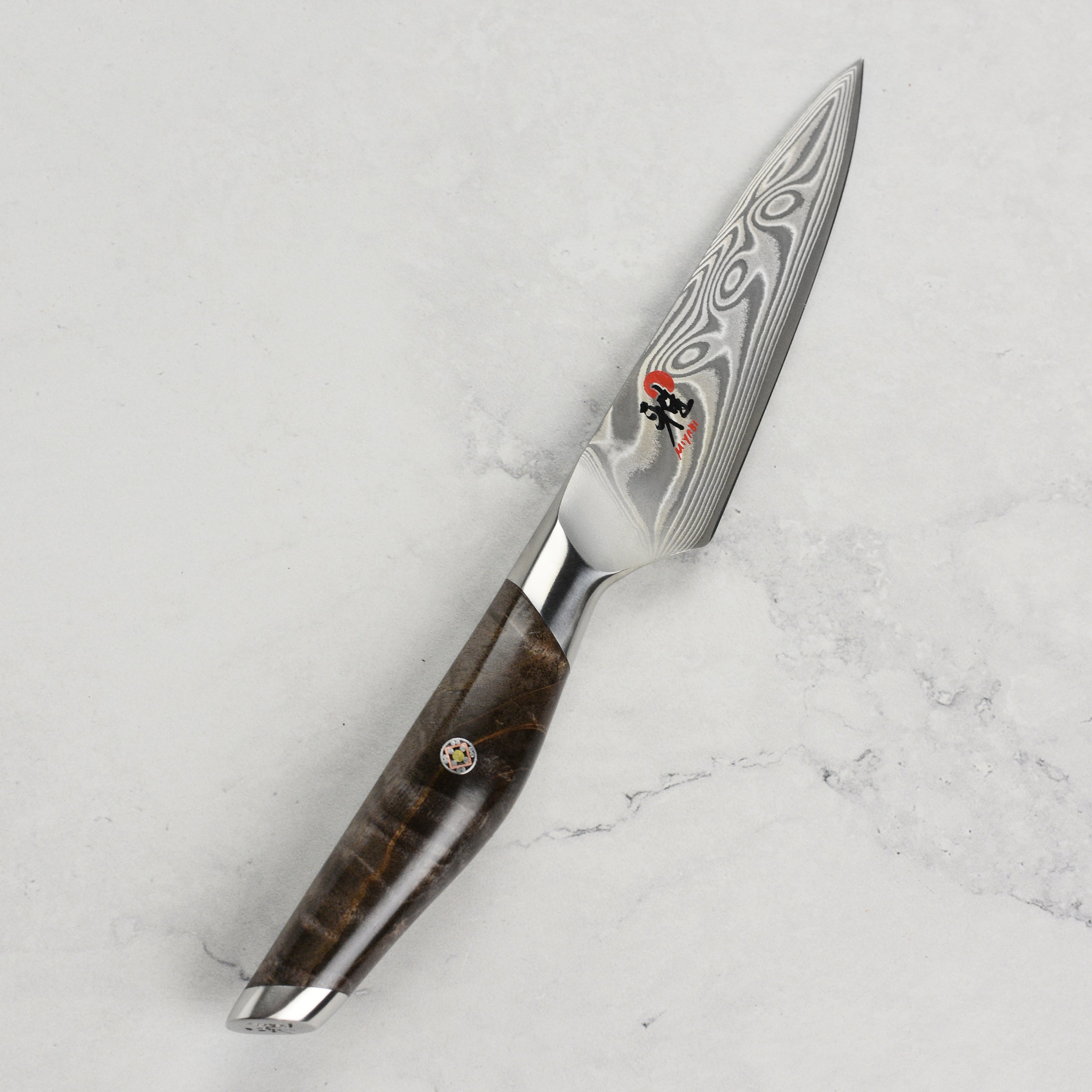 Handcrafted Japanese kitchen knife with Maple Burl handle and glass coating