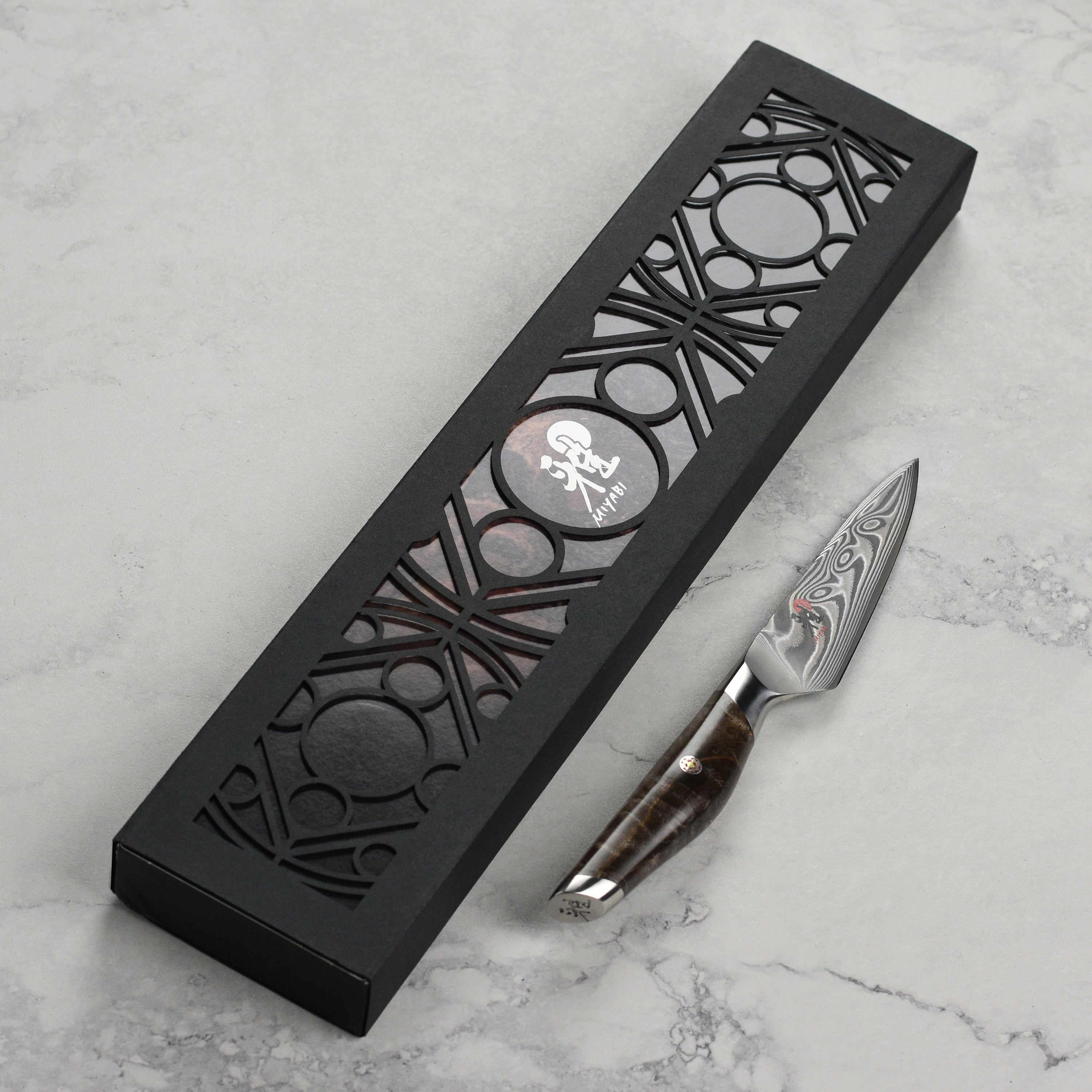 Miyabi Iki Damascus paring knife blade with moonlight pattern and sharp tip