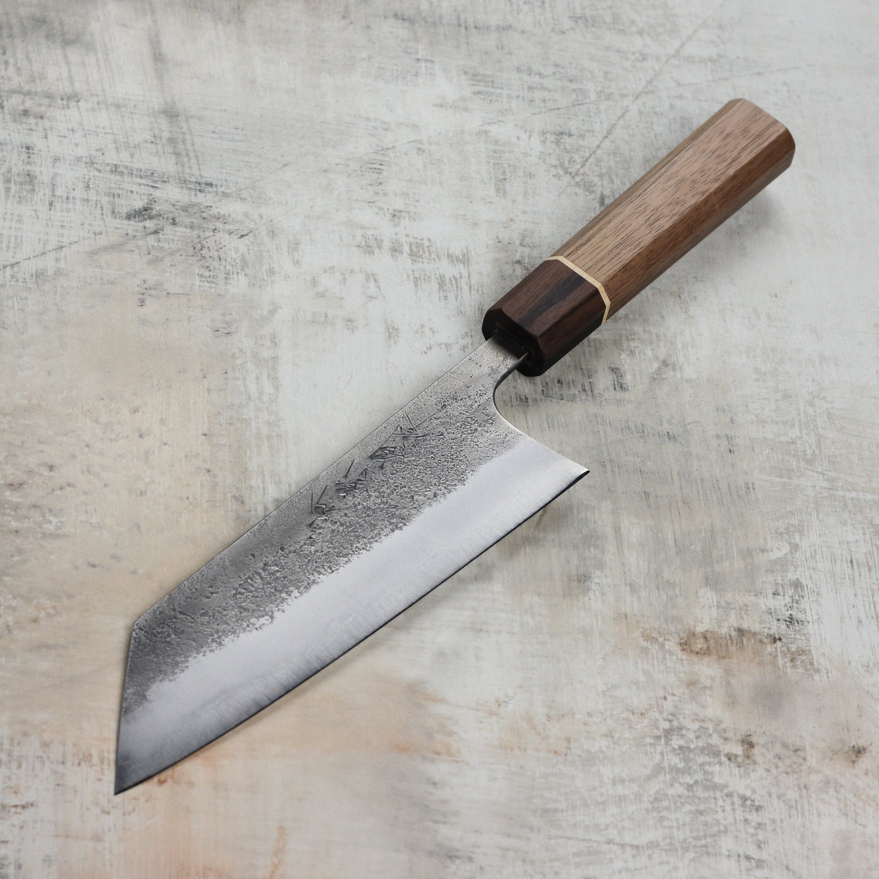 Front view of the Matsubara Aogami #2 Nashiji Bunka Japanese chef knife with high-quality stainless steel blade