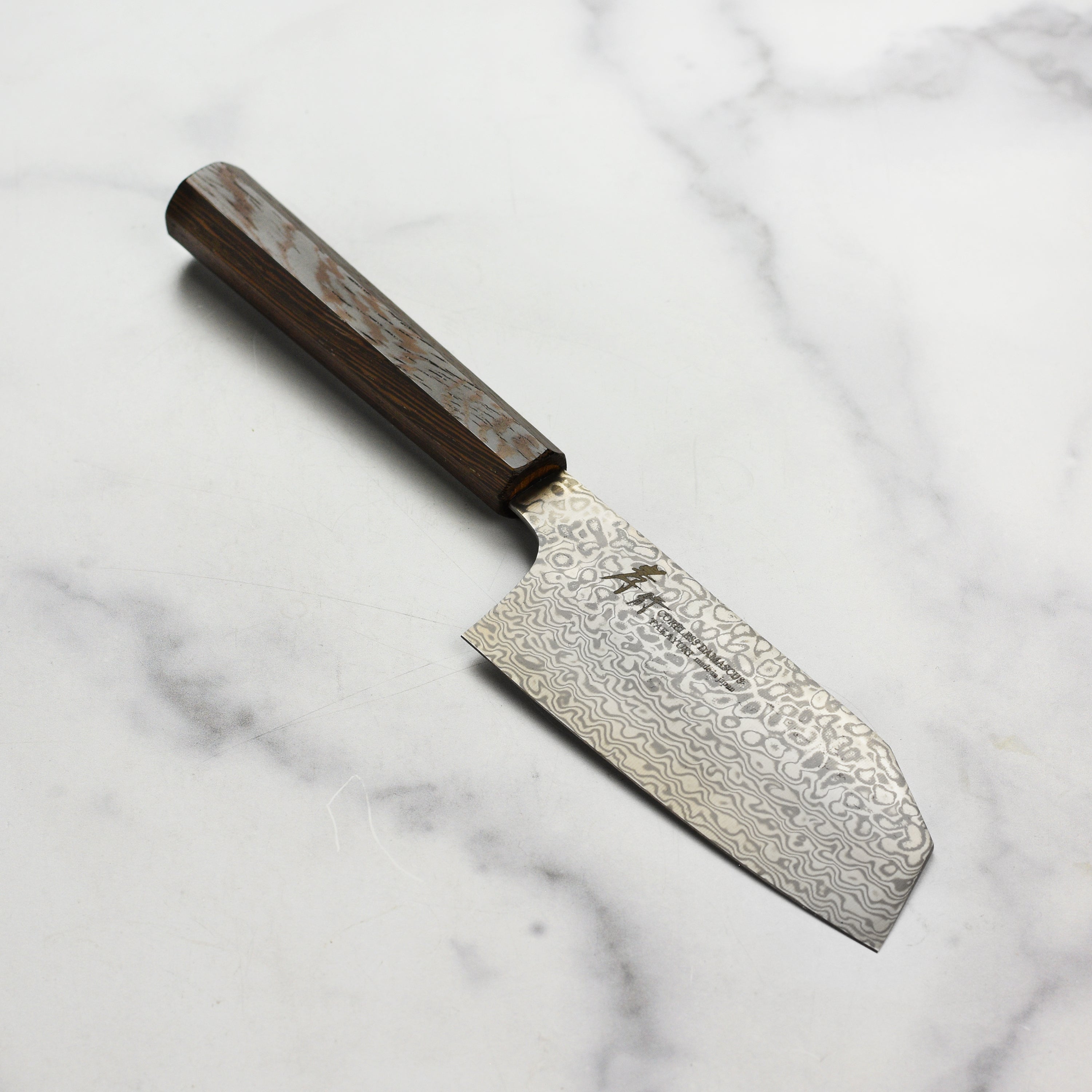 Takayuki coreless Damascus bunka knife blade close-up for precision cutting