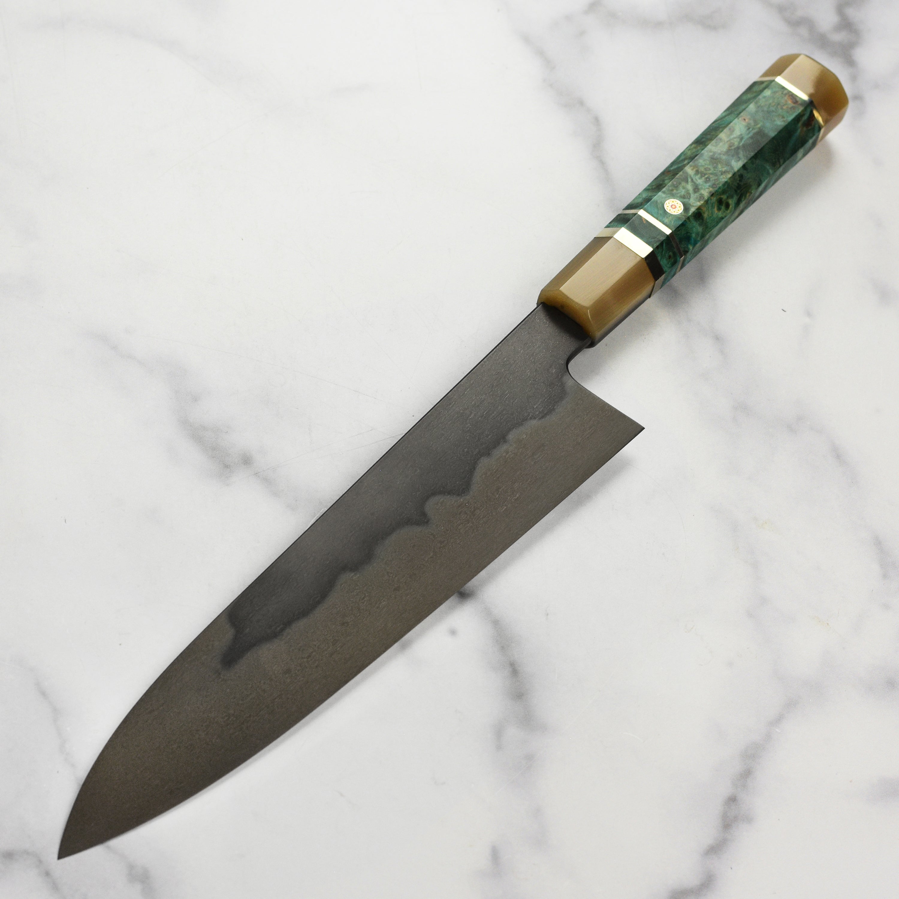 Close-up of the sharp edge of a Shirogami #1 Honyaki Gyuto for home and professional use