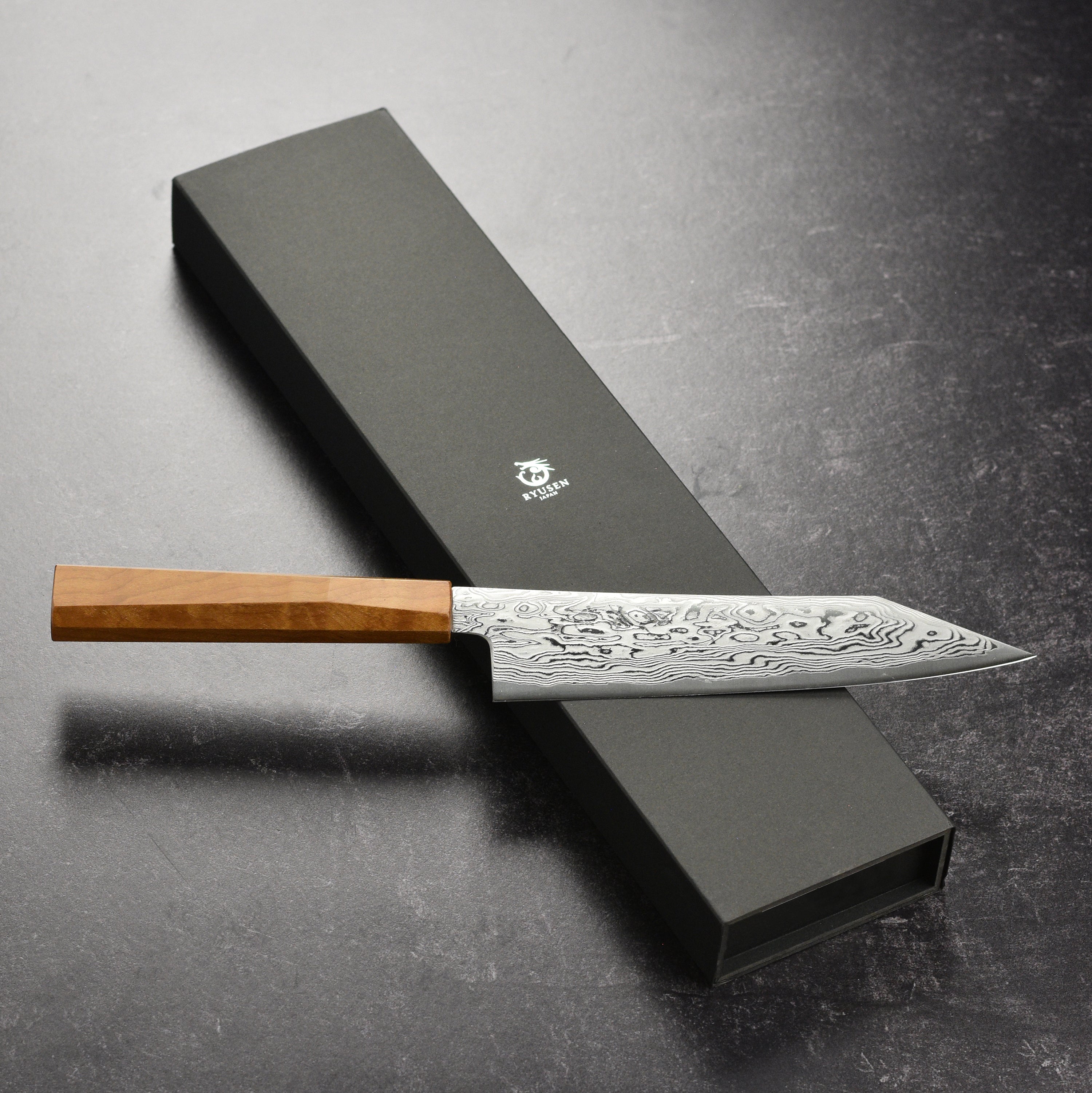 Close-up of Ryusen Fukakuryu 7-inch Bunka Japanese knife blade for precise slicing