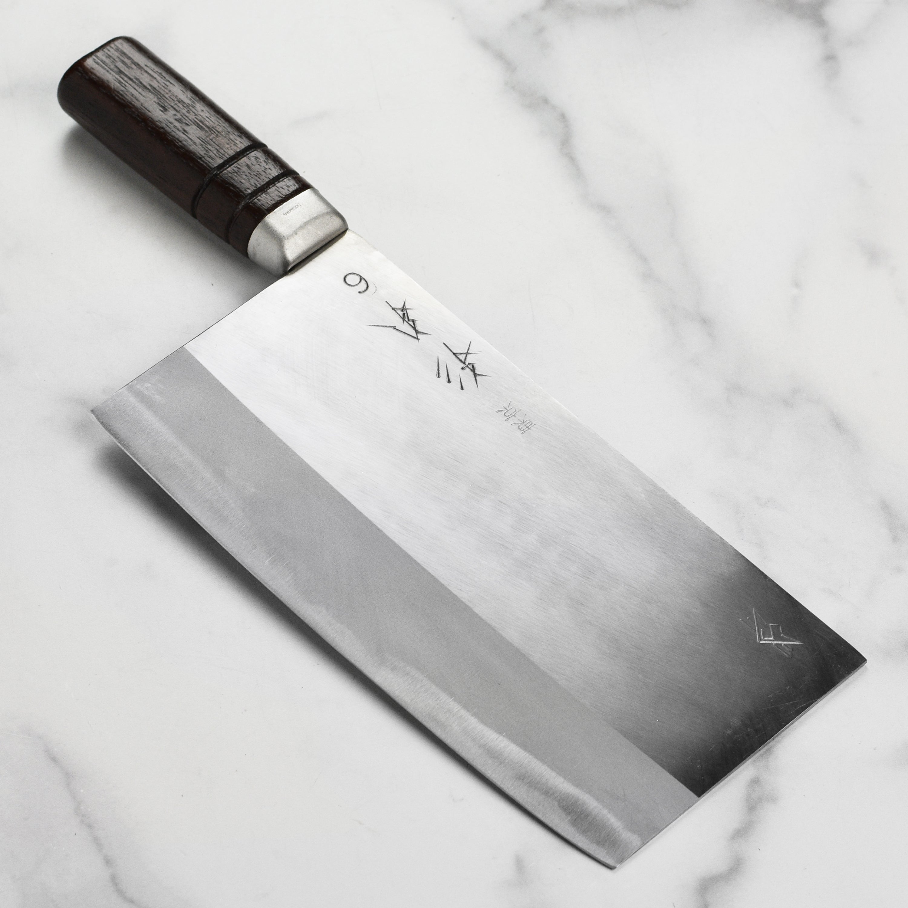 Close-up of Sugimoto OMS No. 6 carbon steel Chinese cleaver blade for slicing vegetables