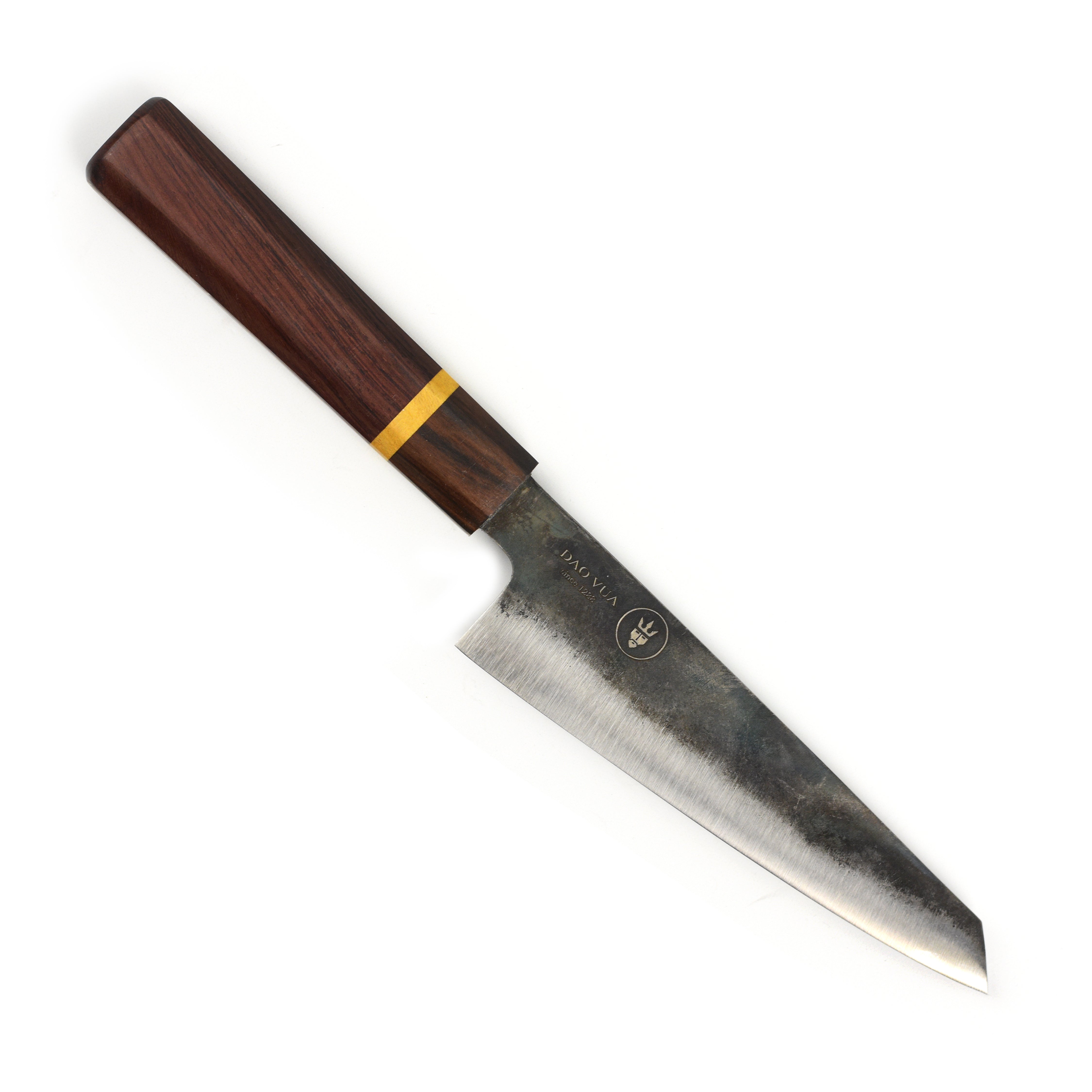 Dao Vua V3 honesuki knife displayed on a wooden cutting board, highlighting its sharp blade and handle.