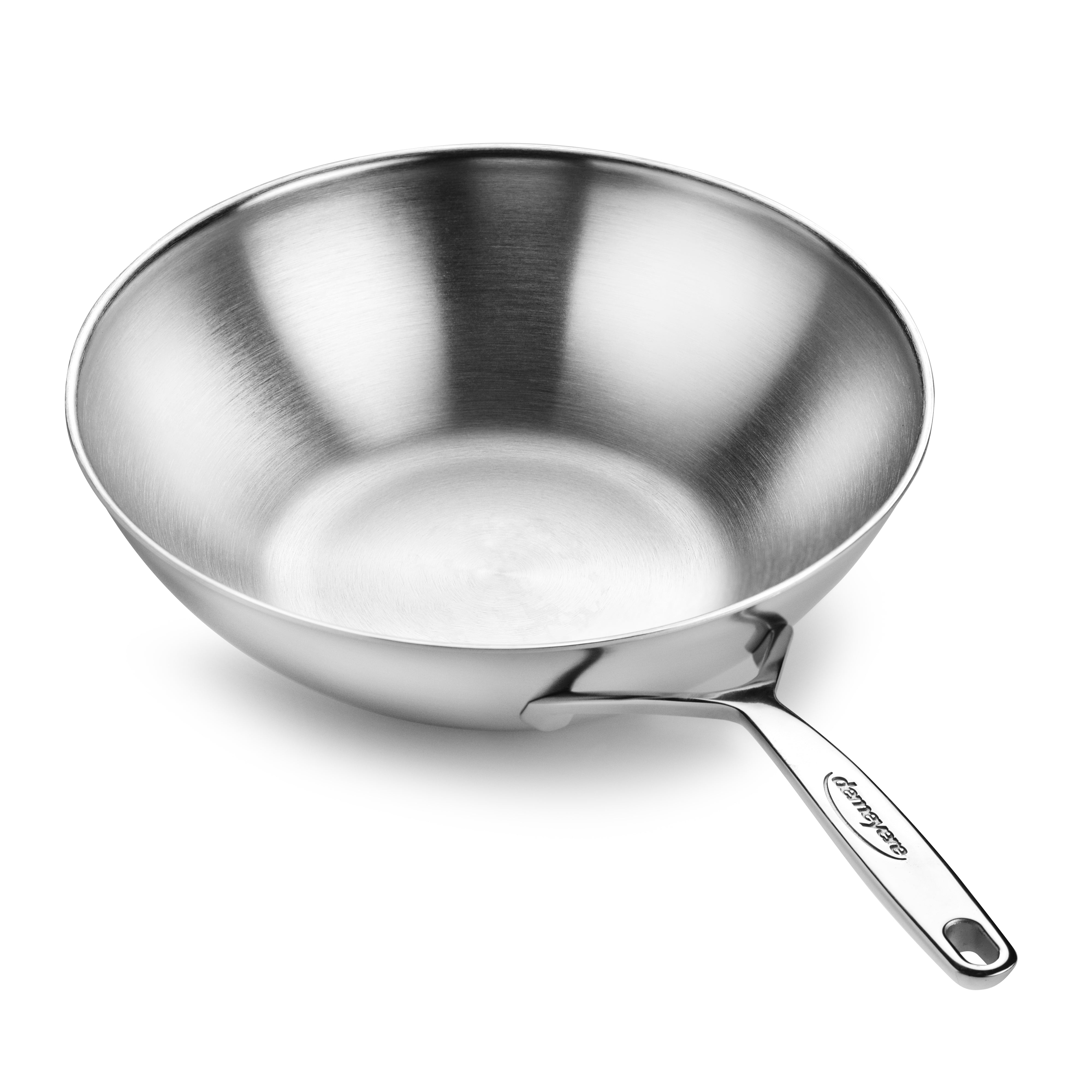 Close-up of the stainless steel flat bottom wok showing even construction