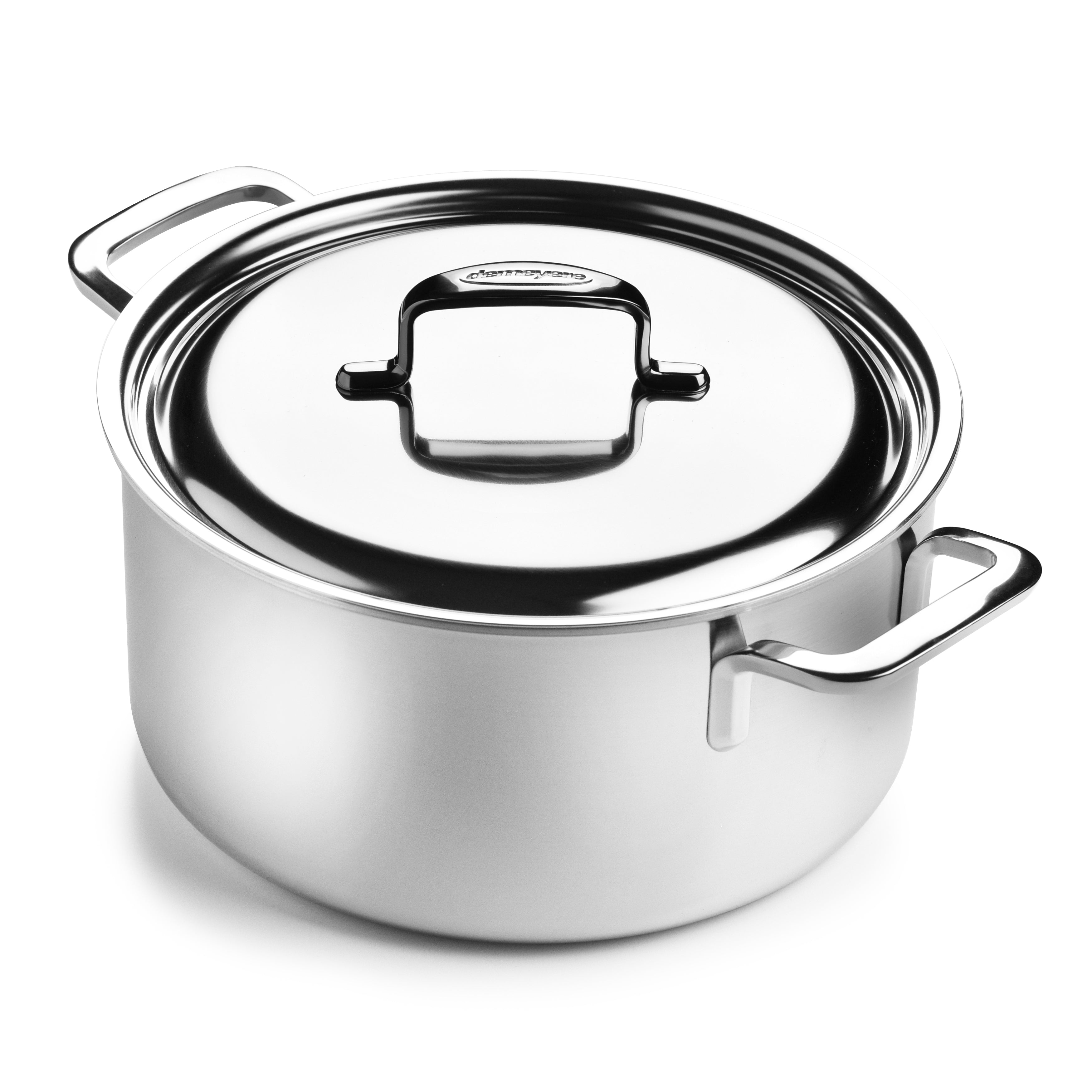 Demeyere 5-Plus 9-Quart Stainless Steel Dutch Oven showcasing its sleek design and durable construction.
