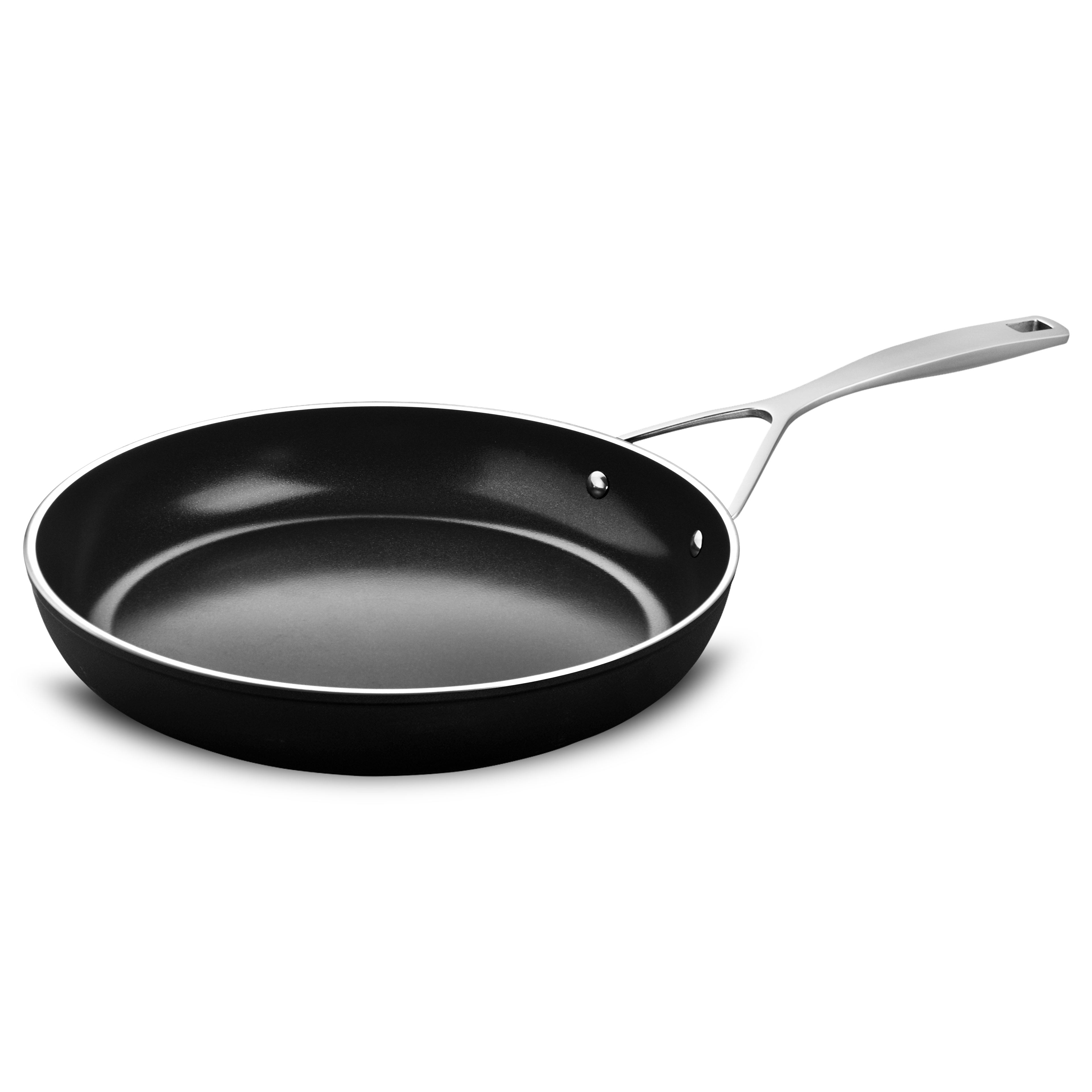 Close-up of Demeyere AluPro 12-inch ceramic nonstick fry pan with even heat distribution