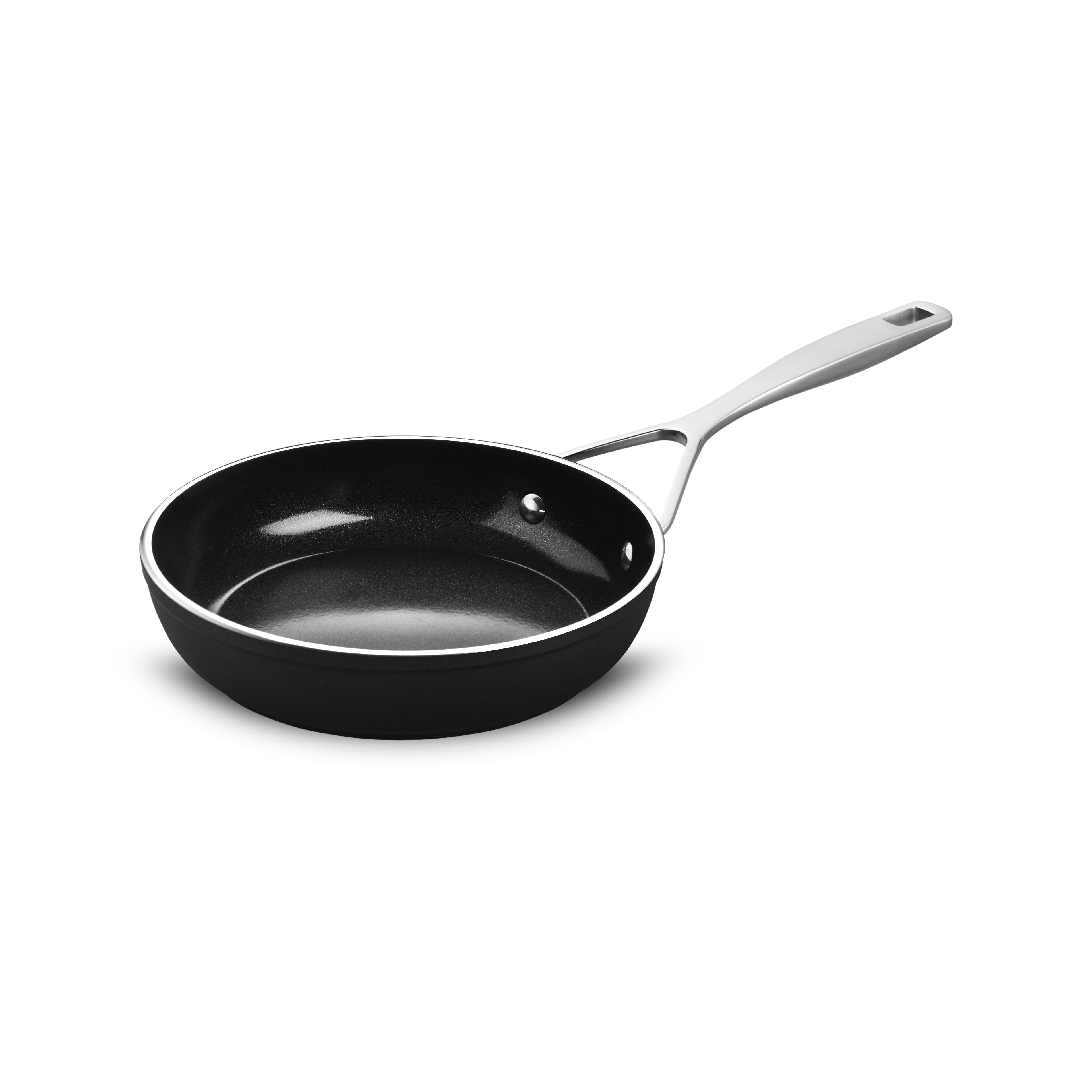 Ceramic nonstick fry pan with stainless steel handle on induction stove for even cooking
