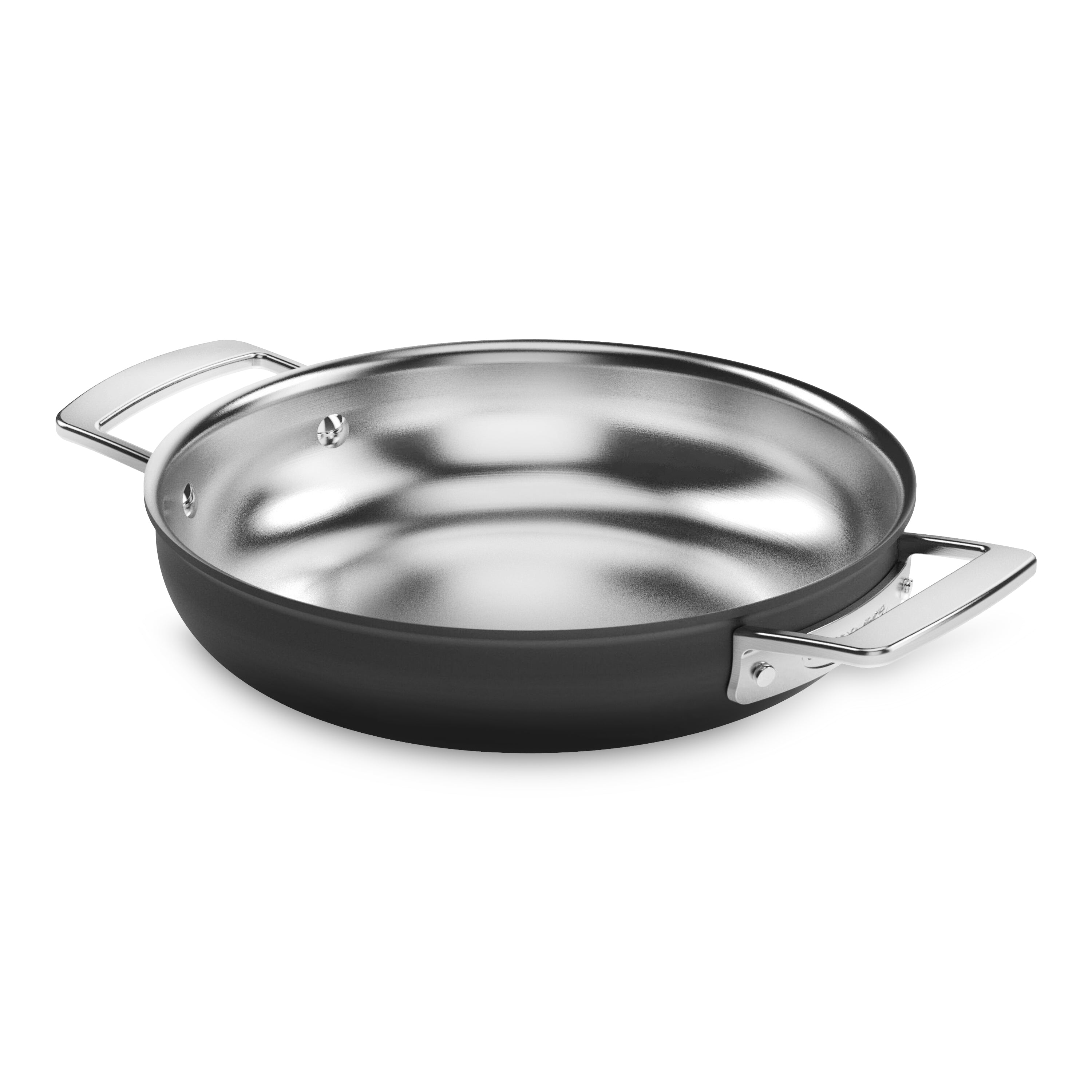 Side view of the fry pan showing satin-finish stainless steel exterior and ceramic-coated surface