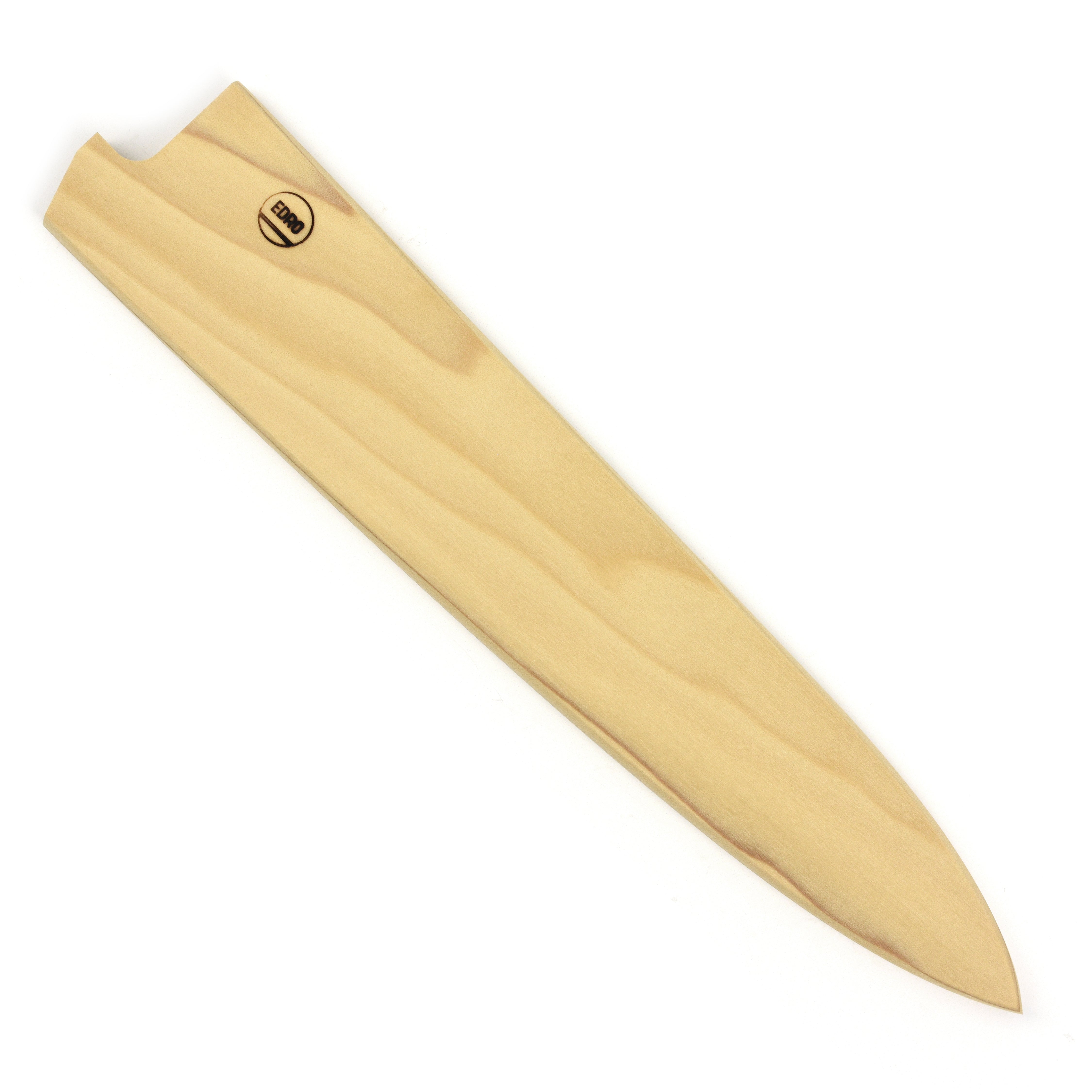 Close-up view of the magnetic saya holding a 9.4" sujihiki knife.