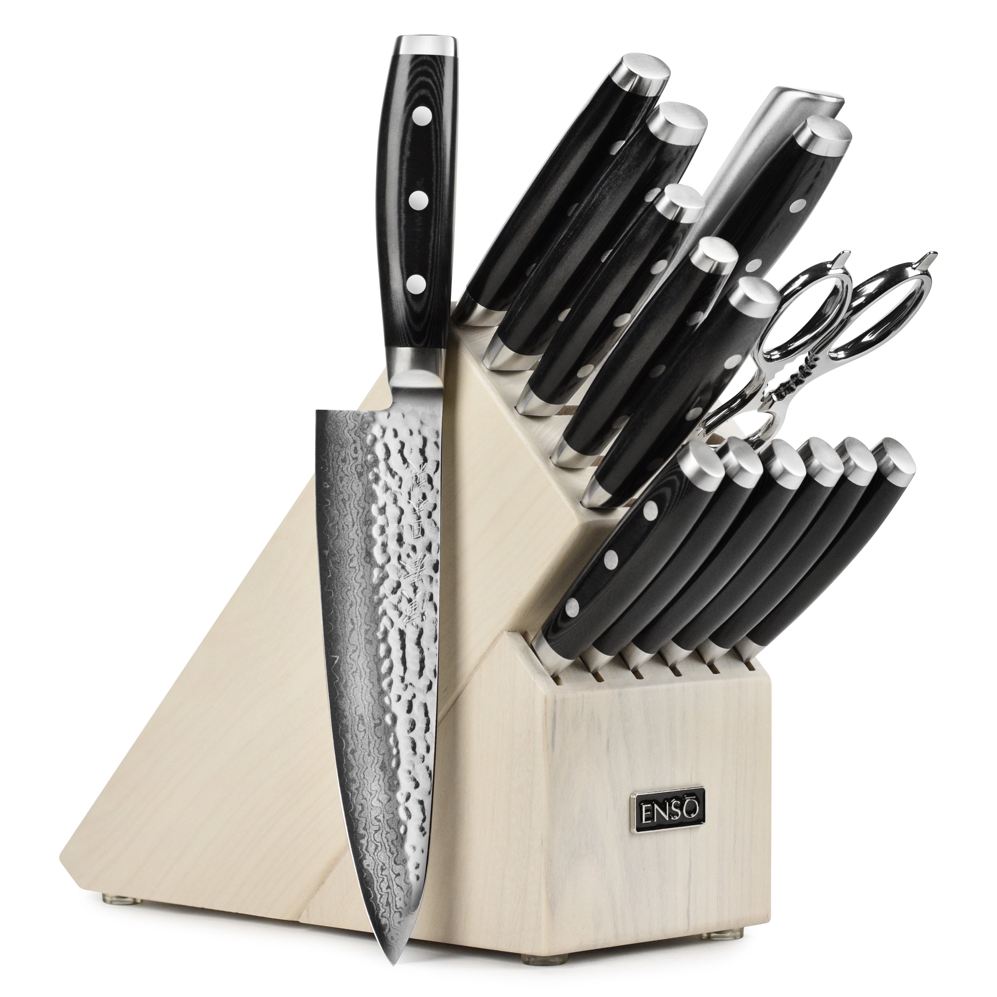 Enso HD 16-Piece Damascus Knife Set with block and VG10 steel blades