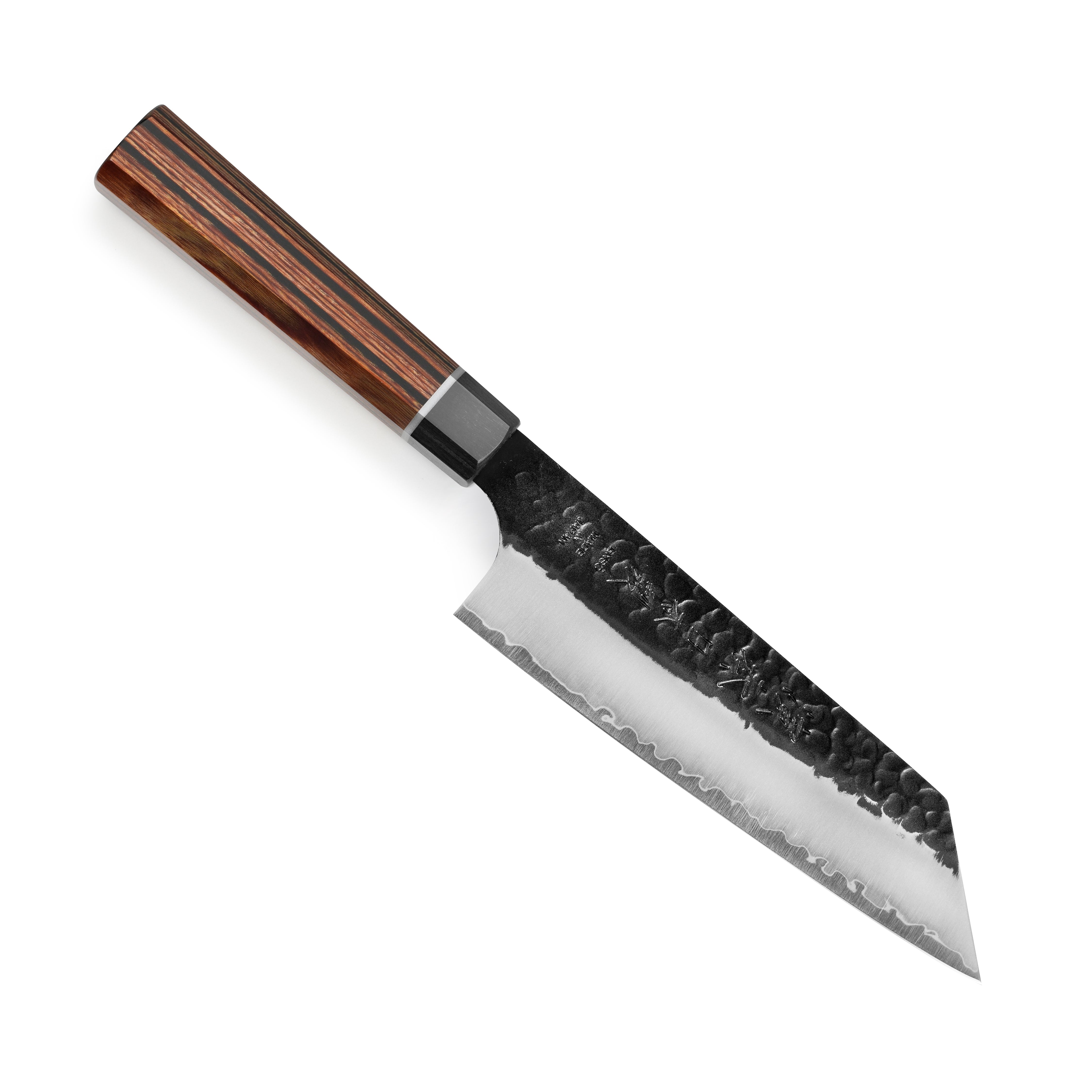 Close-up of the Enso Hachi SG2 Bunka Knife blade highlighting its hammered texture and sharp edge.