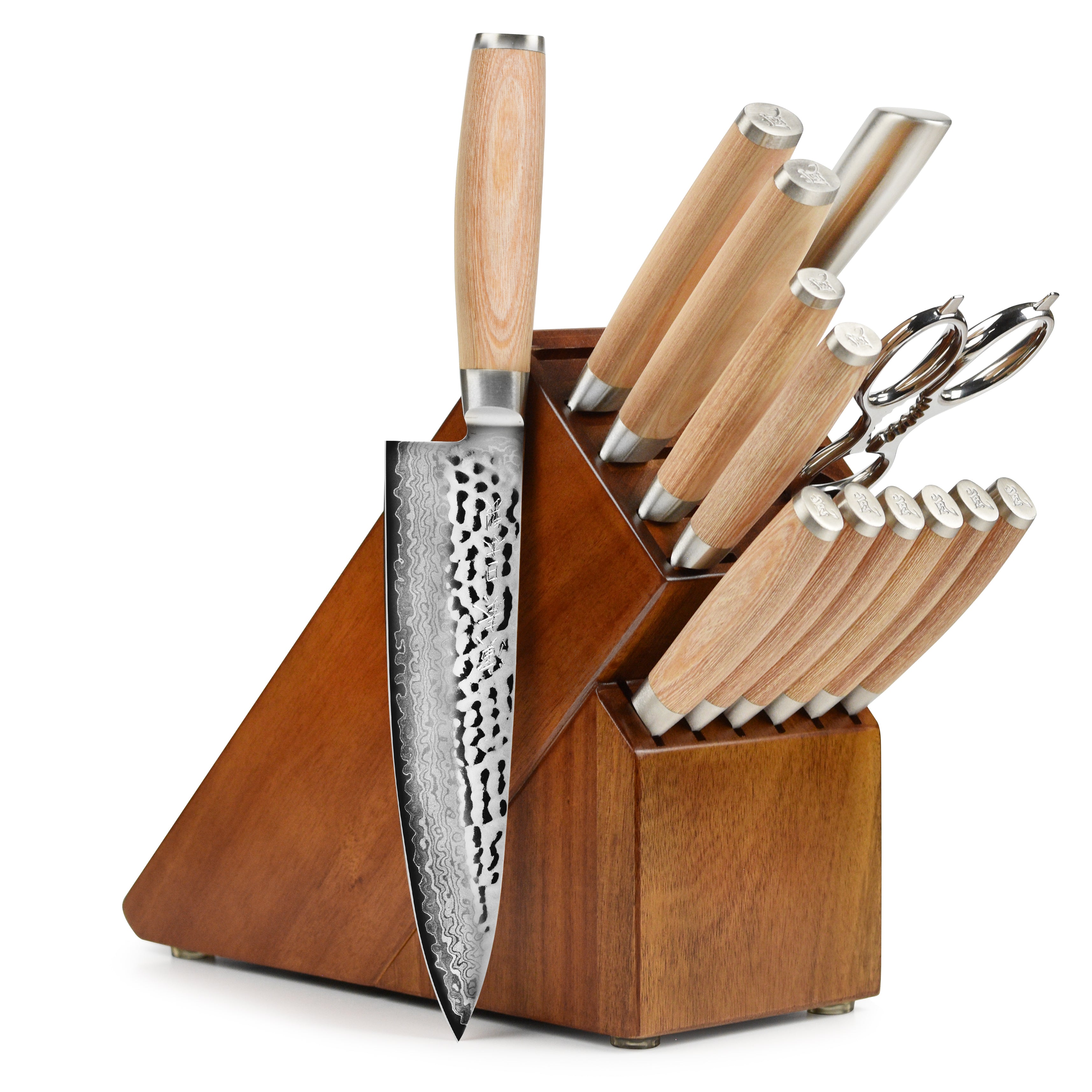 Pakkawood handle of the Damascus knife highlighting the engraved end cap and balanced design.