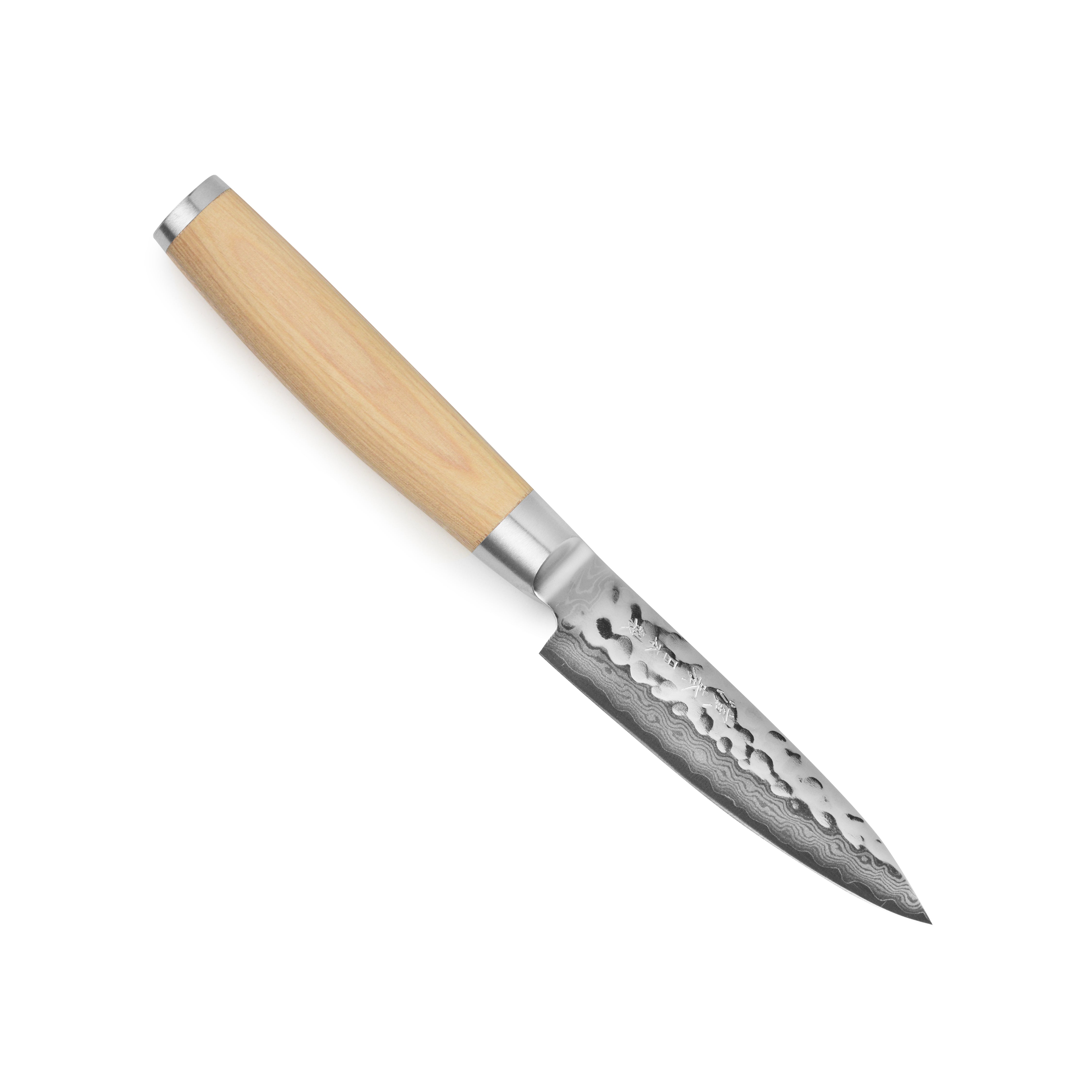 Enso Damascus 4" paring knife showcasing its 37-layer stainless steel blade and Pakkawood handle.