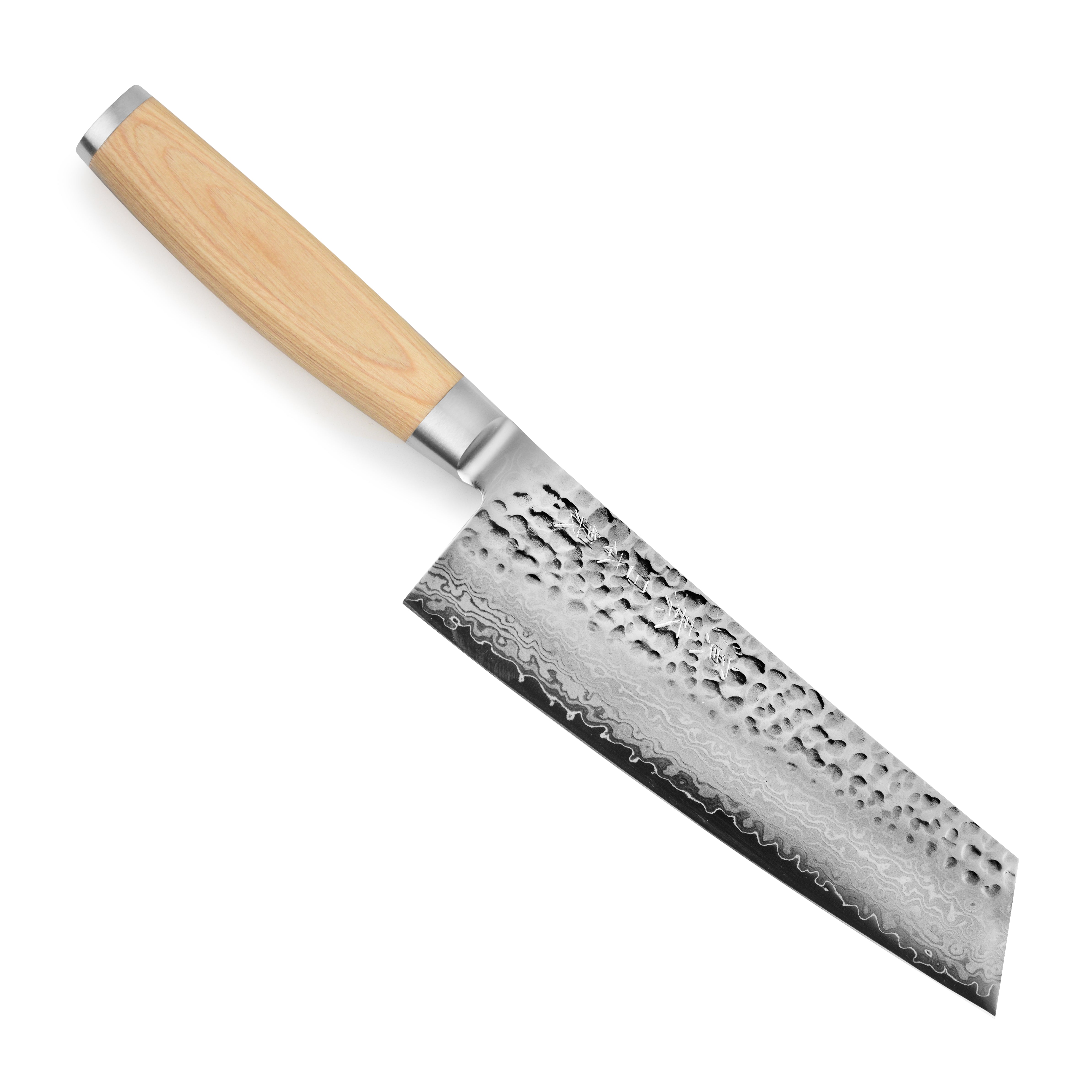 Close-up of the VG-10 steel blade and engraved end cap