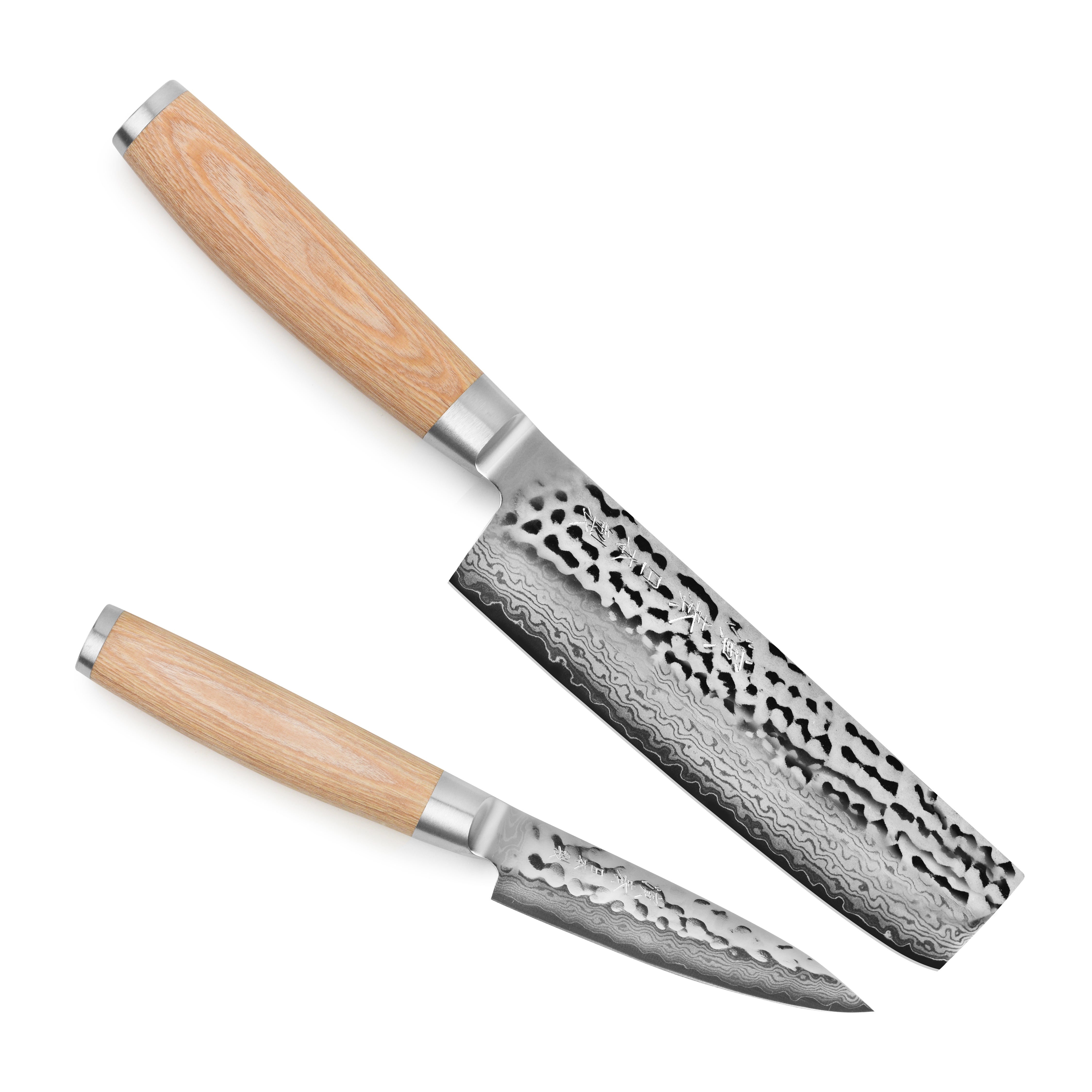 Both knives in the Enso Hizashi set displayed together on a wooden cutting board, emphasizing their beautiful hammered finish.