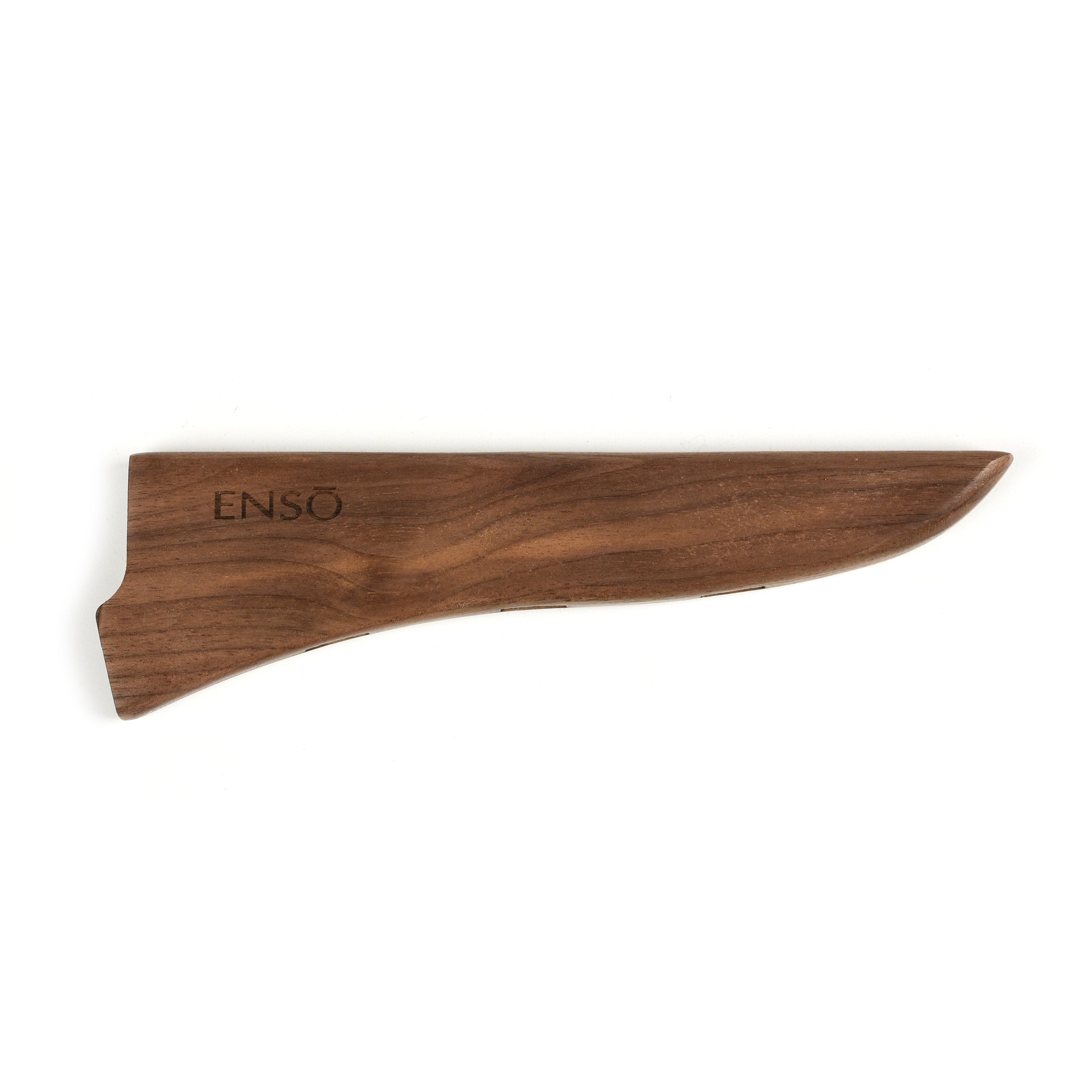 Close-up of walnut magnetic sheath holding a 6-inch knife securely