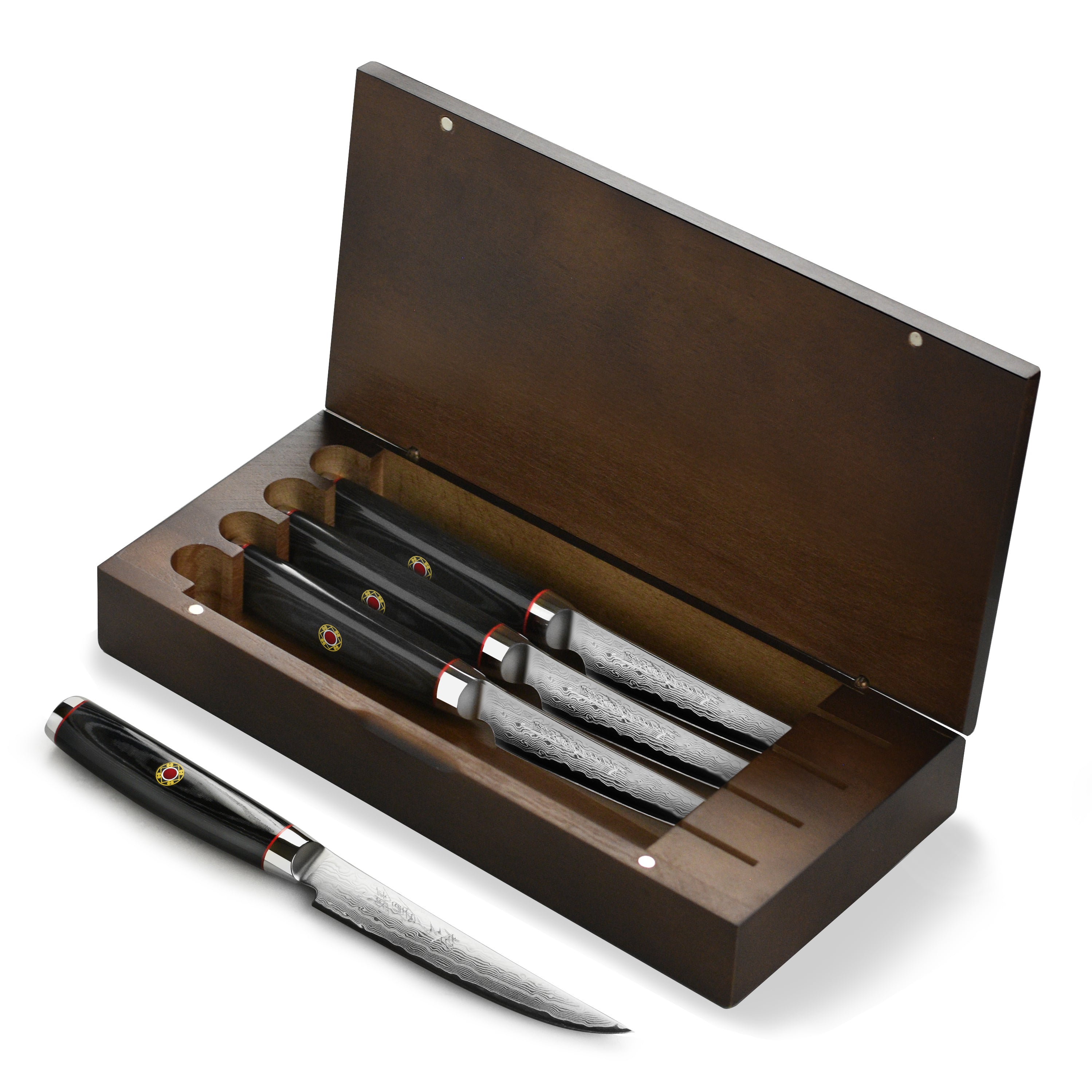Japanese Damascus knives with detailed craftsmanship and ergonomic handles