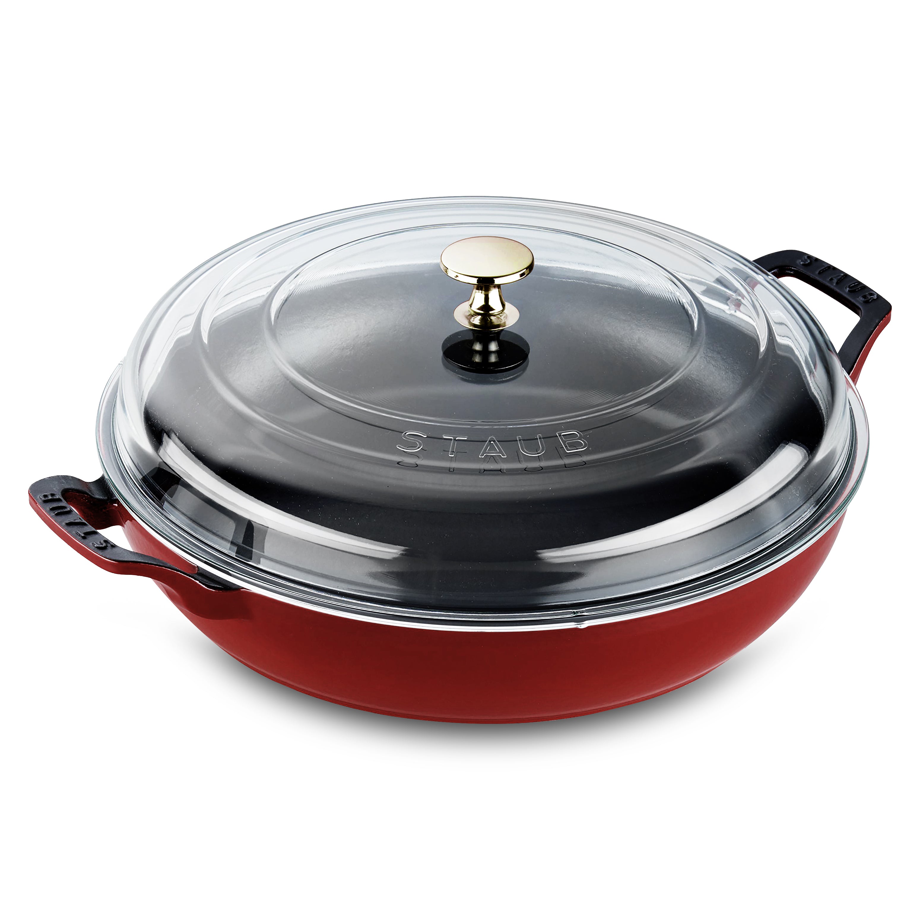 Staub 3.5-quart Grenadine Braiser with lid, showcasing its vibrant color and design.