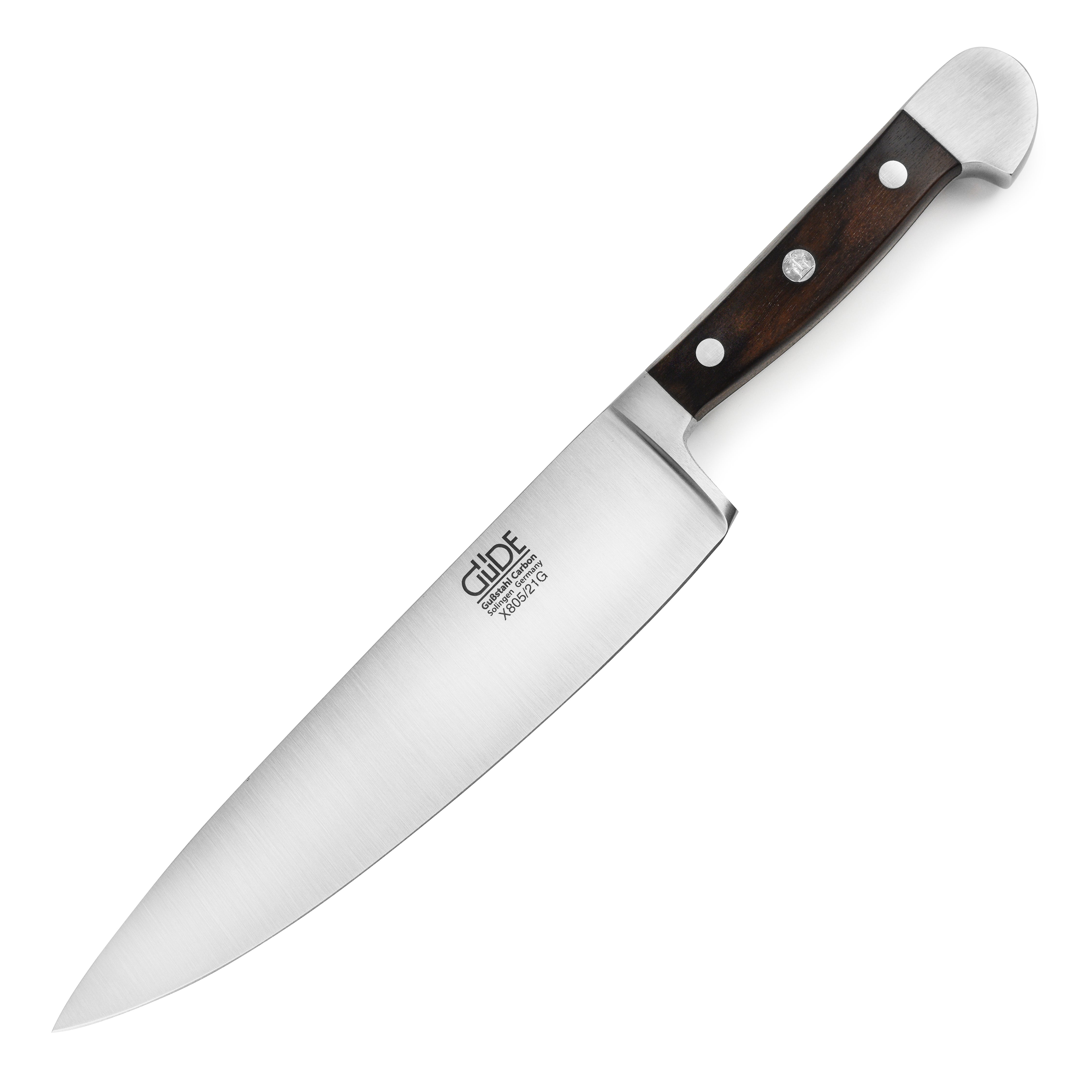 Gude Alpha Carbon chefs knife showcasing the sharp edge and elegant handle