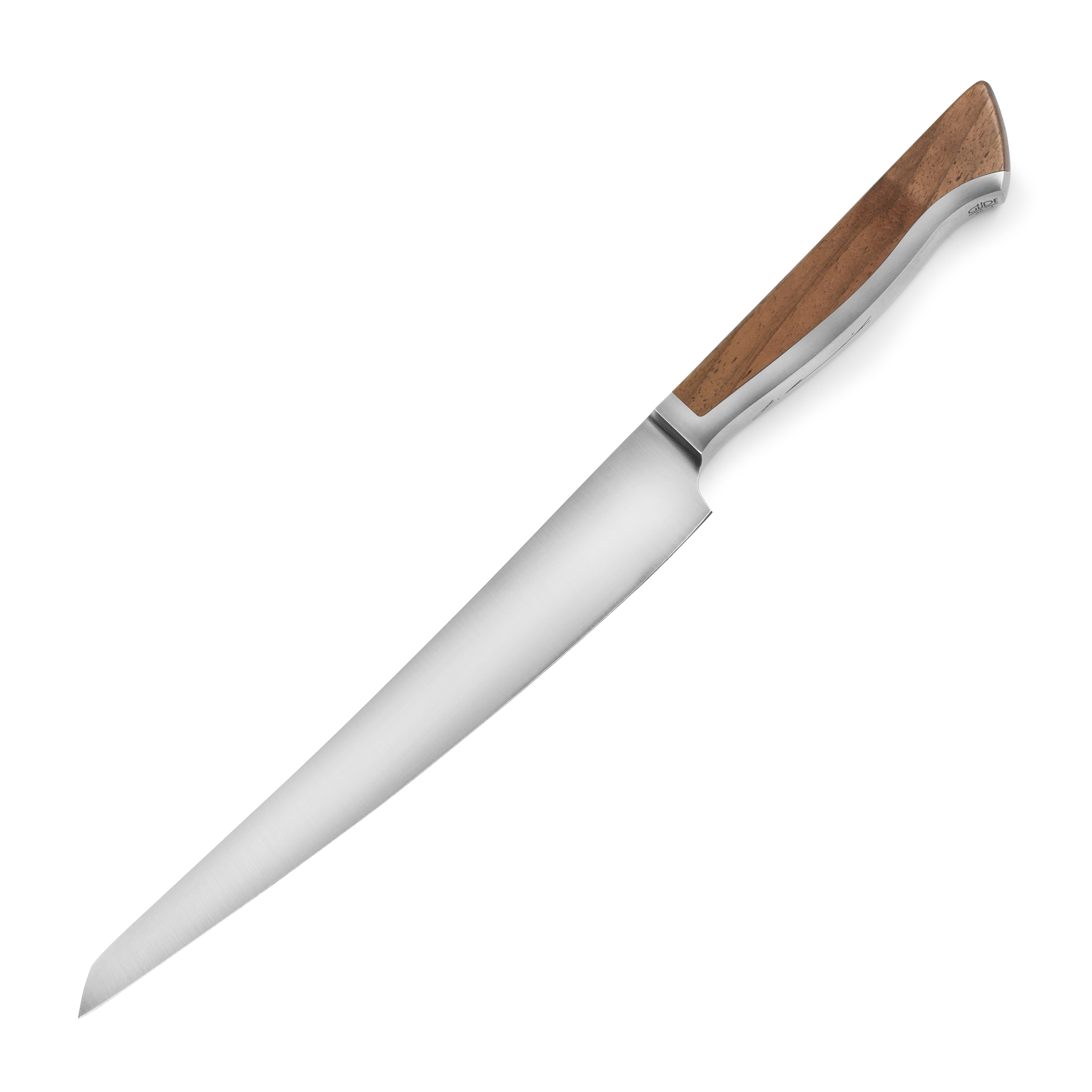 Gude Caminada slicing knife with walnut handle in a kitchen setting.