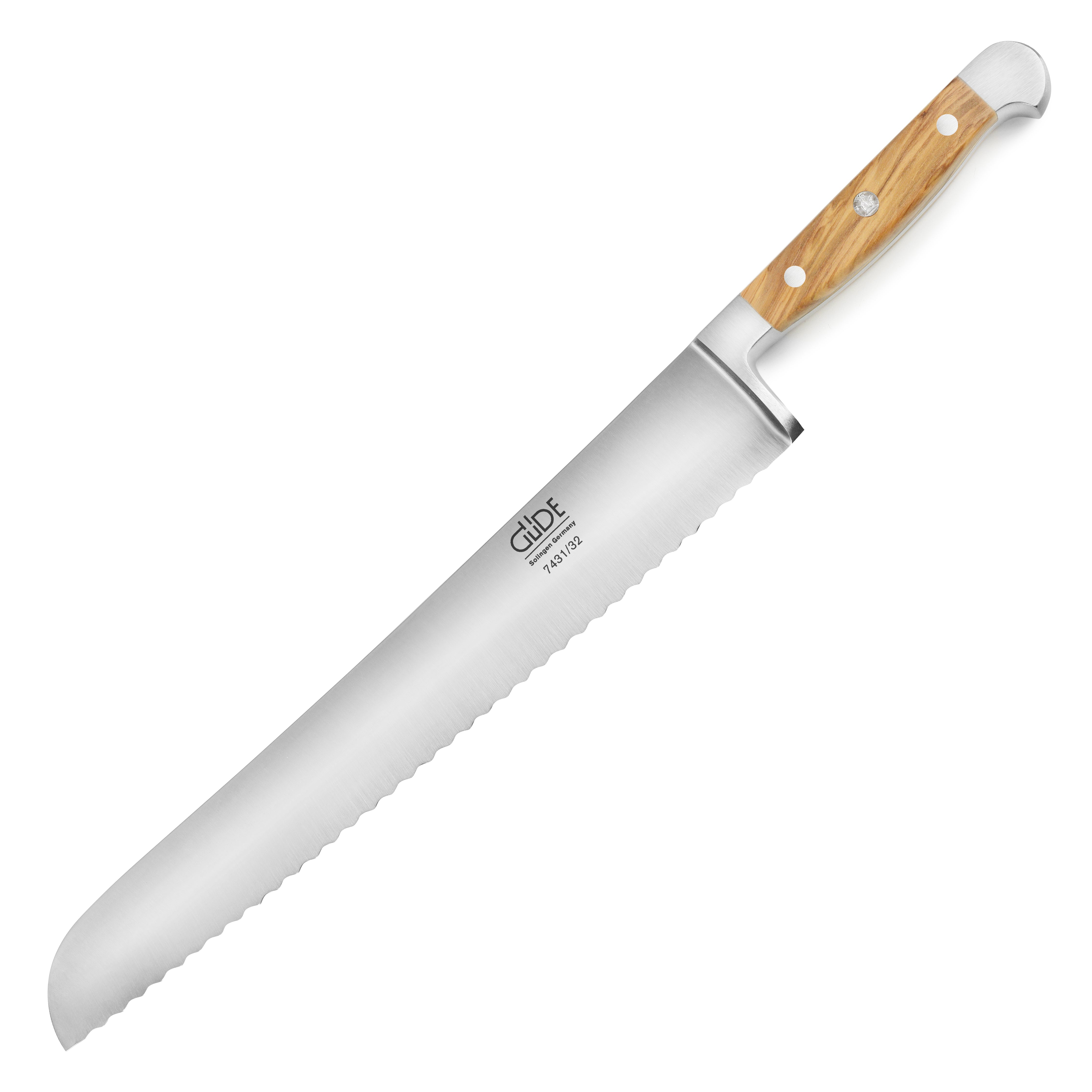 Close-up of serrated bread knife with olive wood handle for slicing crusty bread