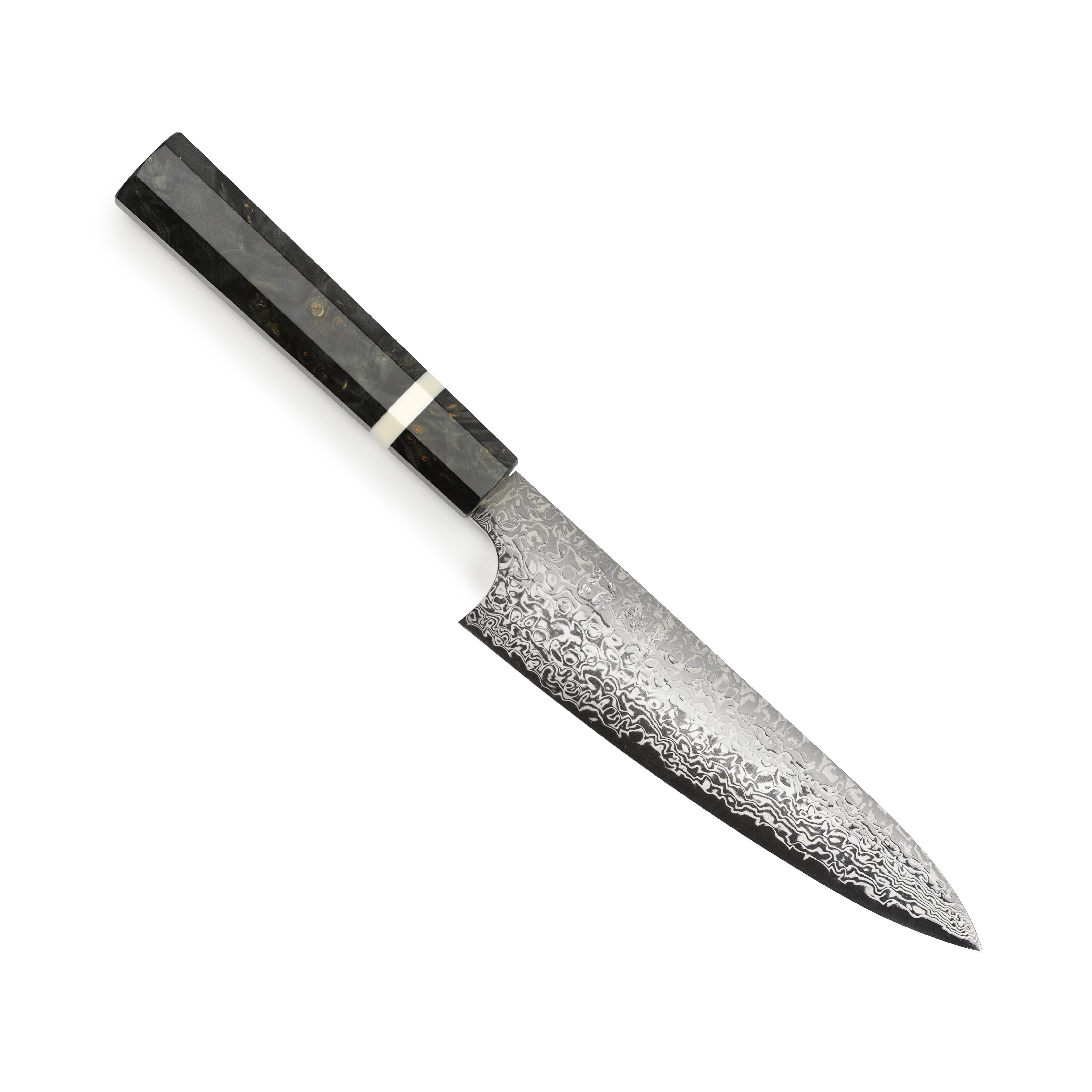 Hatsukokoro Ginga34 Damascus Petty Knife displayed on a wooden cutting board.