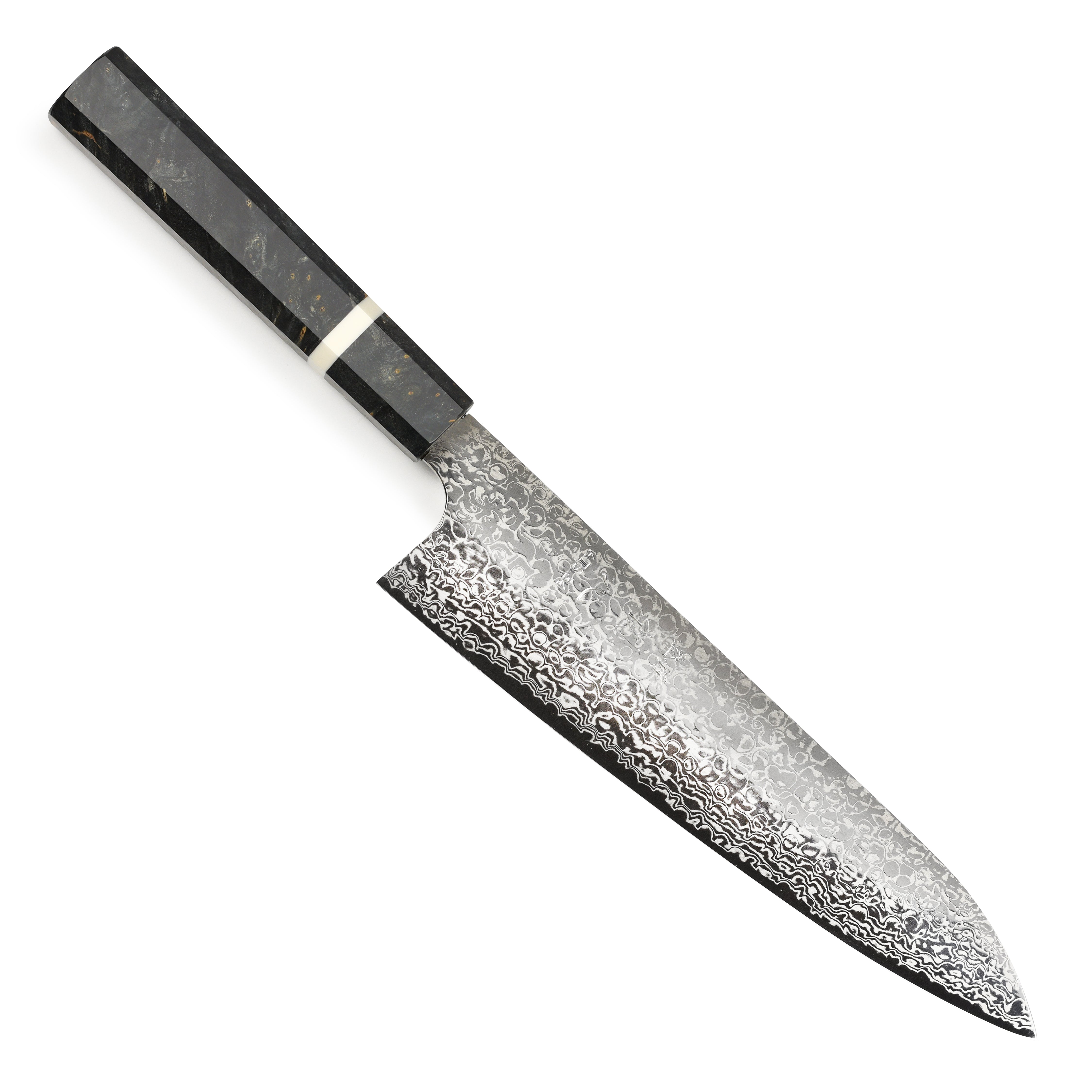 Hatsukokoro x Yauji Damascus gyuto knife blade close-up showing detailed Damascus pattern