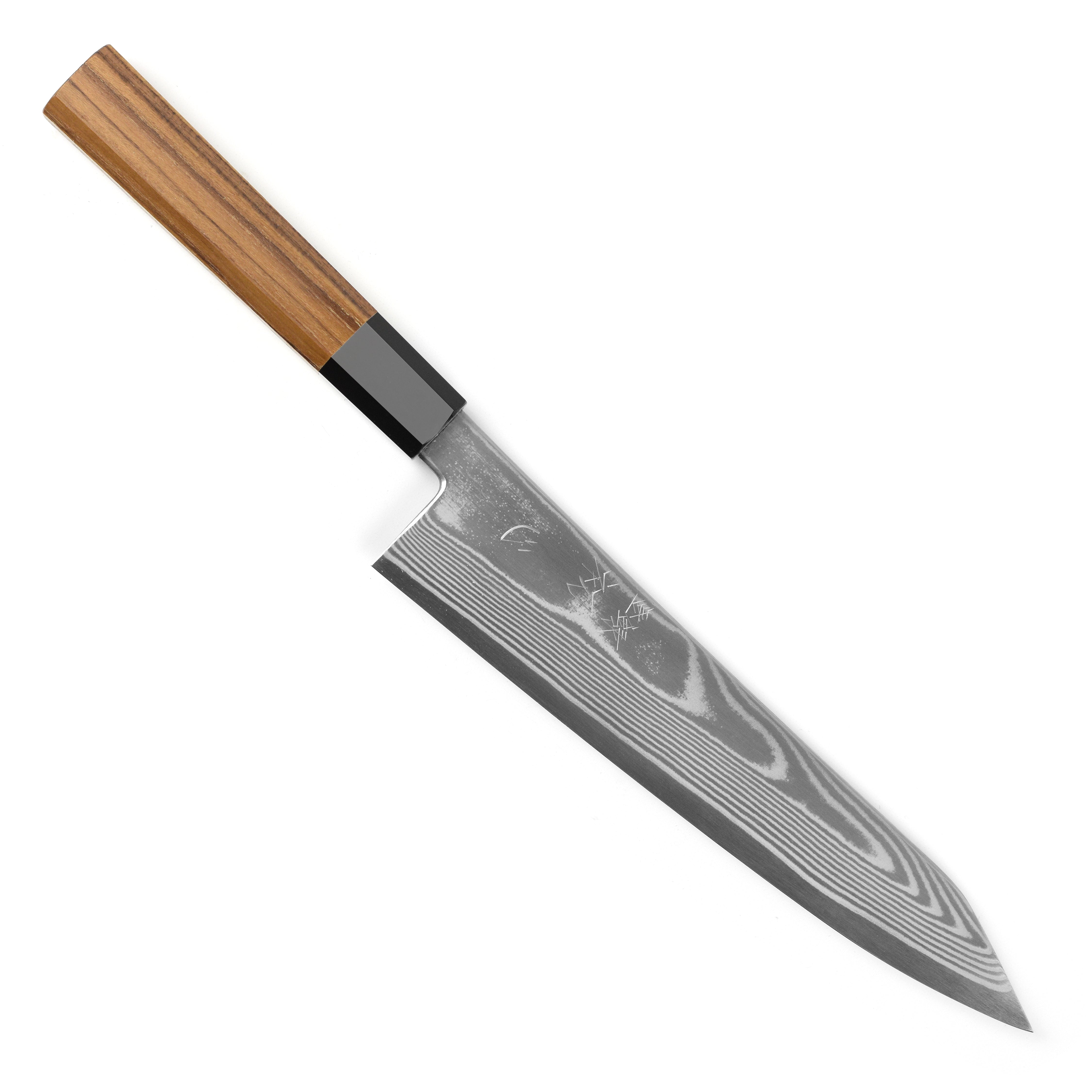 Hatsukokoro Ginsou Damascus Gyuto Chef Knife in action, slicing fresh vegetables on a cutting board.