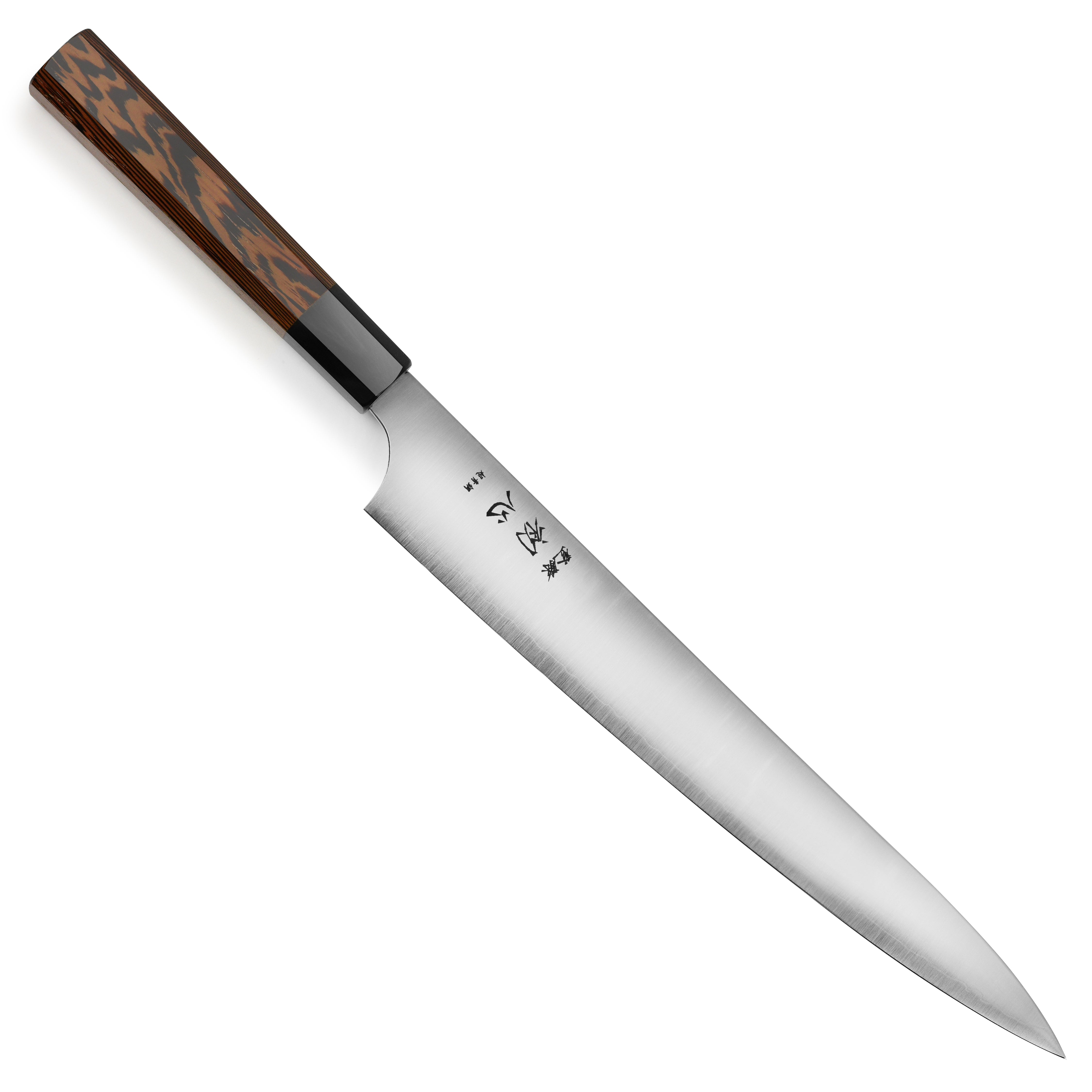 Hatsukokoro Hayabusa Aogami Sujihiki Knife showcasing its sharp blade and elegant handle.